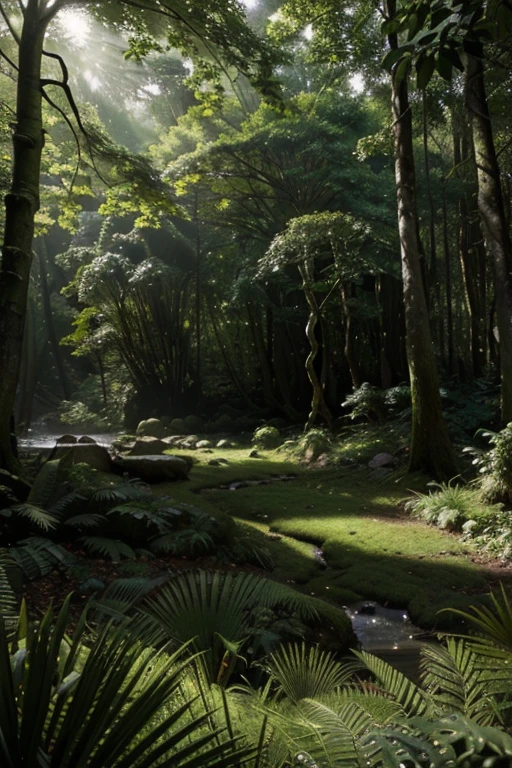 a lush, verdant forest, detailed photorealistic environment, natural lighting, sunlight filtering through the canopy, towering trees, dense foliage, winding paths, fallen leaves, moss-covered rocks, babbling brooks, wildlife, detailed textures, volumetric lighting, cinematic composition, (best quality,4k,8k,highres,masterpiece:1.2),ultra-detailed,(realistic,photorealistic,photo-realistic:1.37)