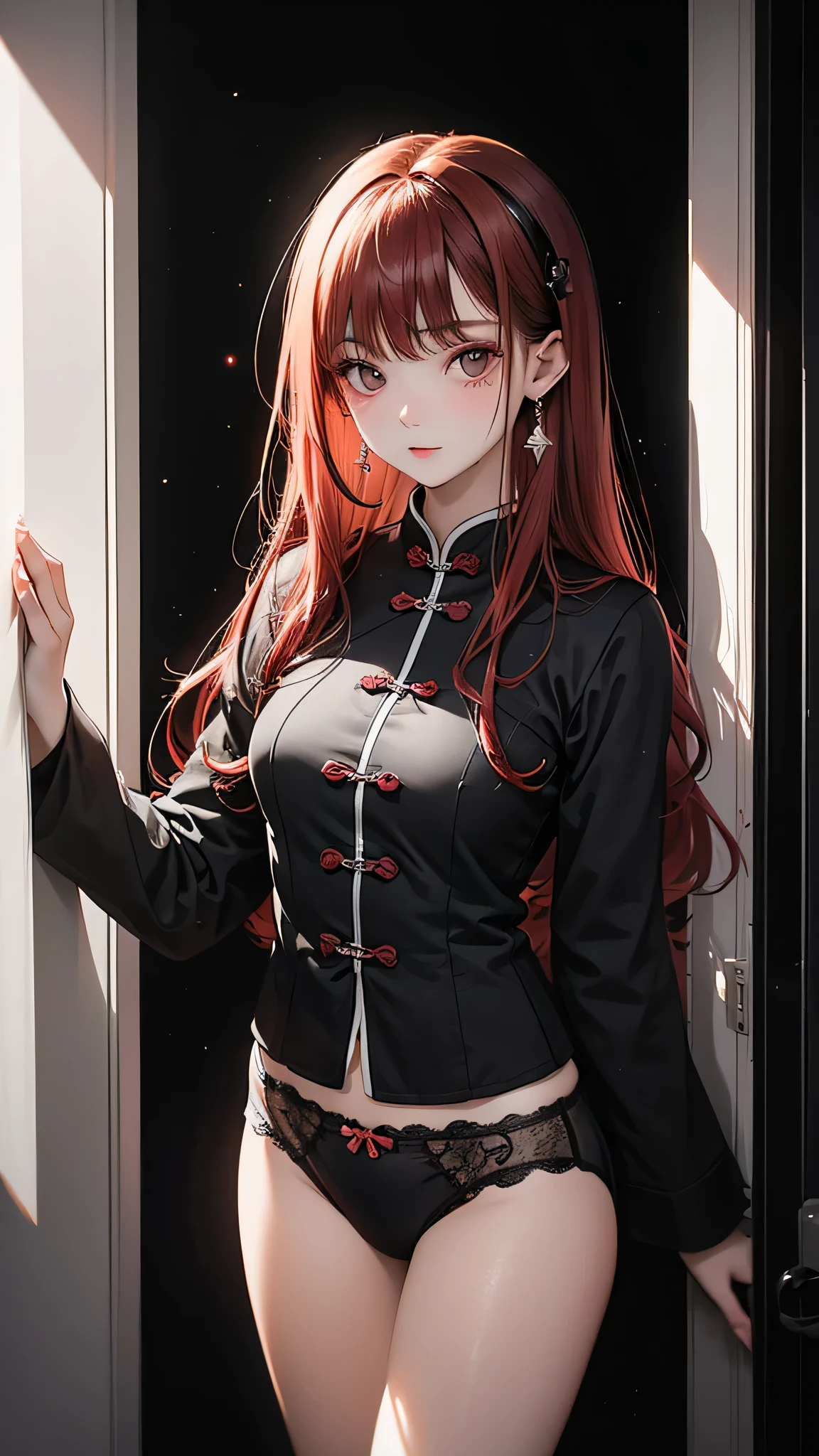 Portrait of a beautiful 18 year old girl, Redhead, Gorgeous Chinese, Cotton panties, At the entrance, (dark private office, Dark and gloomy light: 1.2)