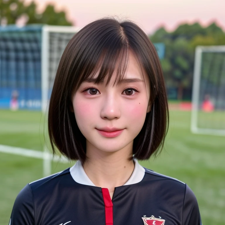 (kawaii 24 year-old Japanese girl, Nogizaka idol, Korean idol, soccer player), healthy female athlete body, (glossy black hair, very short hair, bangs:1.3), beautiful black eyes, rounded face, single eyelid, (no makeup:1.2), (soft smiling:1.2), (soccer uniform:1.3), extra small breasts, BREAK, (park background, summer daytime:1.2), (dynamic angle, bust shot:1.2), BREAK, (masterpiece, best quality, photo realistic, official art:1.4), (UHD, 8K quality wallpaper, high resolution, raw photo, golden ratio:1.3), (shiny skin), professional lighting, physically based rendering, award winning, (highly detailed skin texture, extremely detailed face and eyes textures), Carl Zeiss 85 mm F/1.4, depth of field, (1girl, solo),