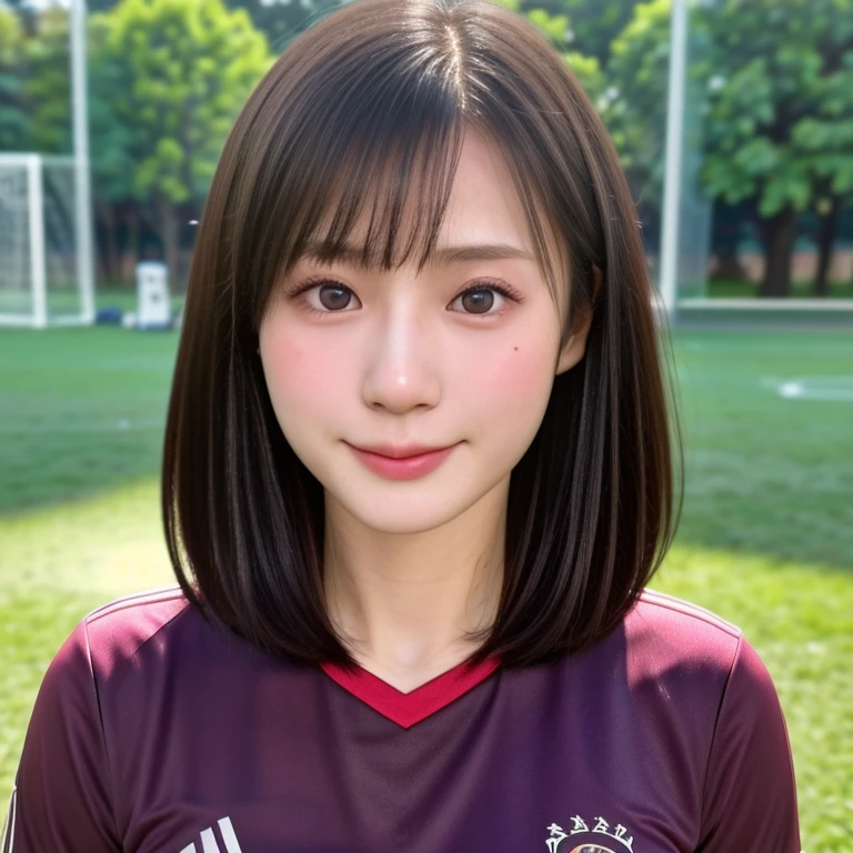 (kawaii 24 year-old Japanese girl, Nogizaka idol, Korean idol, soccer player), healthy female athlete body, (glossy black hair, very short hair, bangs:1.3), beautiful black eyes, rounded face, single eyelid, (no makeup:1.2), (soft smiling:1.2), (soccer uniform:1.3), extra small breasts, BREAK, (park background, summer daytime:1.2), (dynamic angle, bust shot:1.2), BREAK, (masterpiece, best quality, photo realistic, official art:1.4), (UHD, 8K quality wallpaper, high resolution, raw photo, golden ratio:1.3), (shiny skin), professional lighting, physically based rendering, award winning, (highly detailed skin texture, extremely detailed face and eyes textures), Carl Zeiss 85 mm F/1.4, depth of field, (1girl, solo),