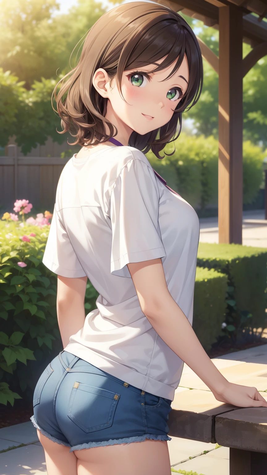 nozomitoujou, nozomi toujou, green eyes, brown hair, short curly hair, masterpiece, best quality, high resolution, beautiful detailed eyes, extremely detailed face, good lighting, detailed CG, messy hair, glossy lips, light smile, garden, short shorts, looking back at viewer