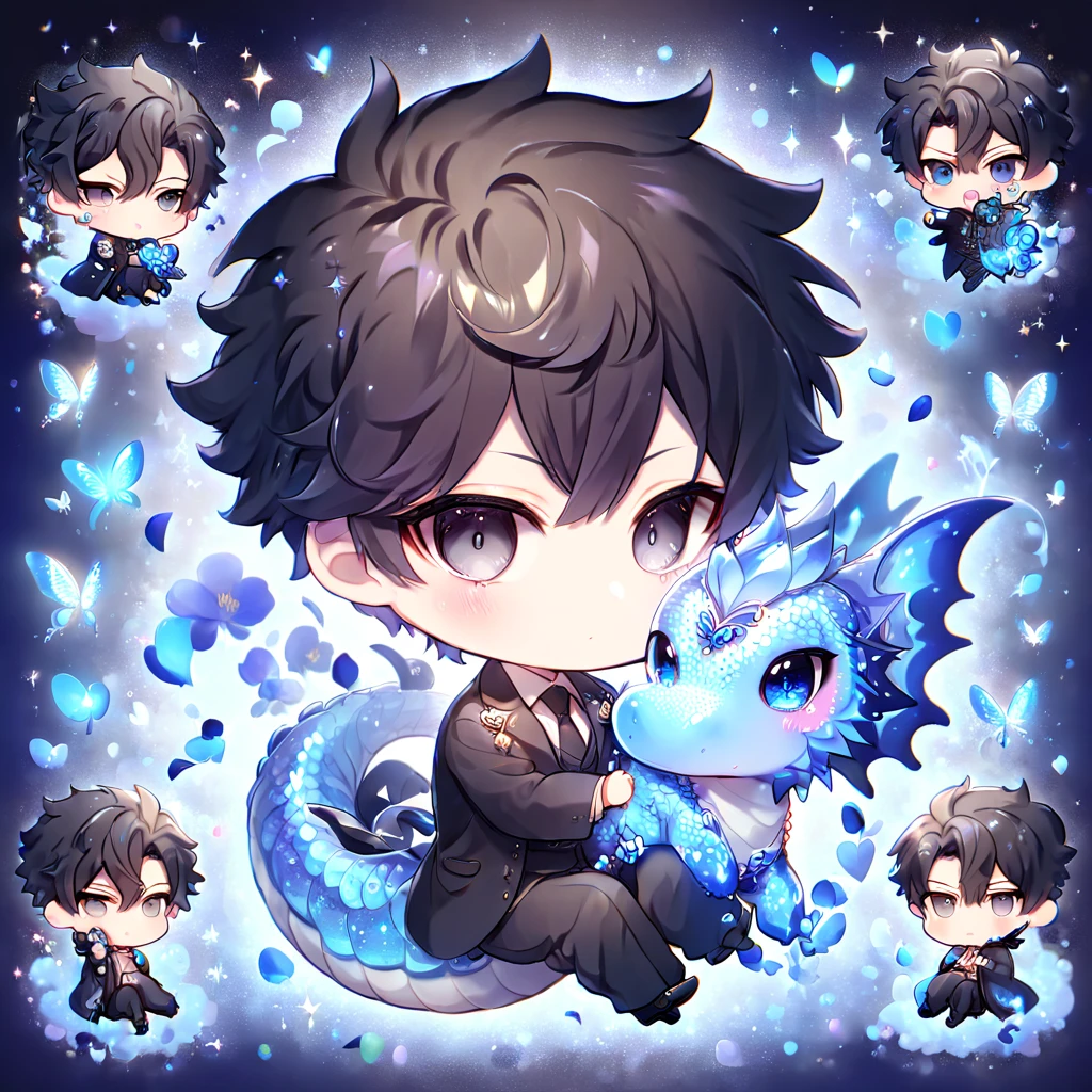 Ultra detailed, HDR, Highres, absurdres, master piece, Kougami Shinya chibi, black hair, expressive grey eyes, black clothes, Psycho Pass, blue glittering butterflies, petals, blue sapphire lotus, cute, magical, man, extremely detailed face and eyes, glittering, fantasy, hugging a blue sapphire dragon, love, blue sapphire background, perfect face, best quality, happy