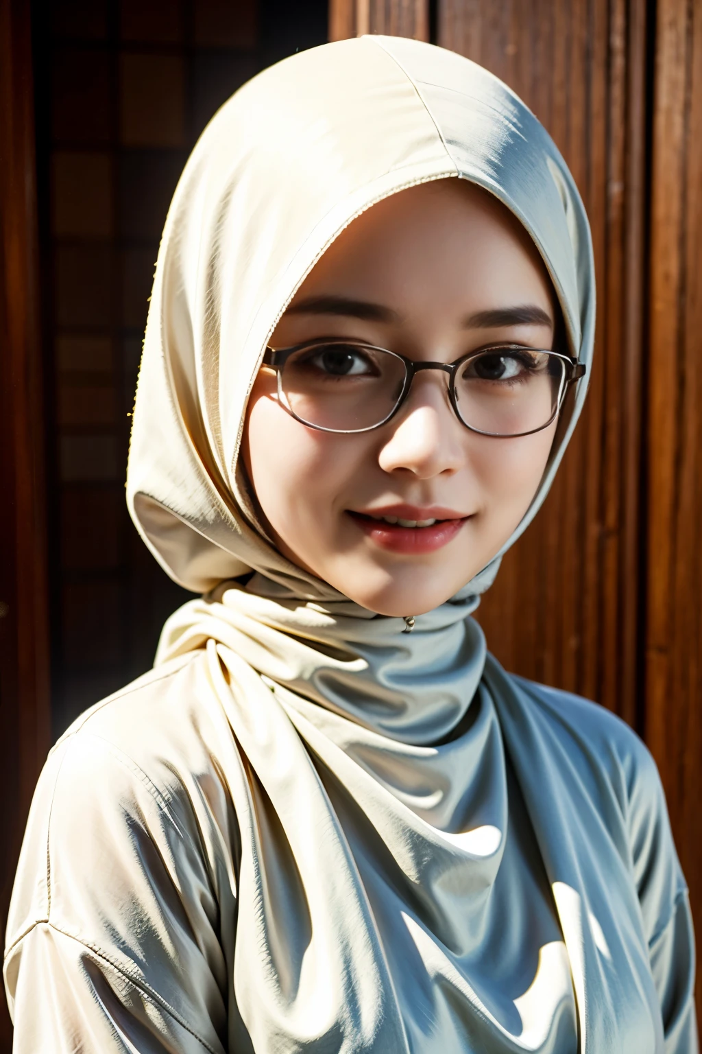 Masterpiece, realistic, hd, 1girl, Asian face, wearing cream color hijab, muslim, smile, wear round glasses, potrait photo, ootd