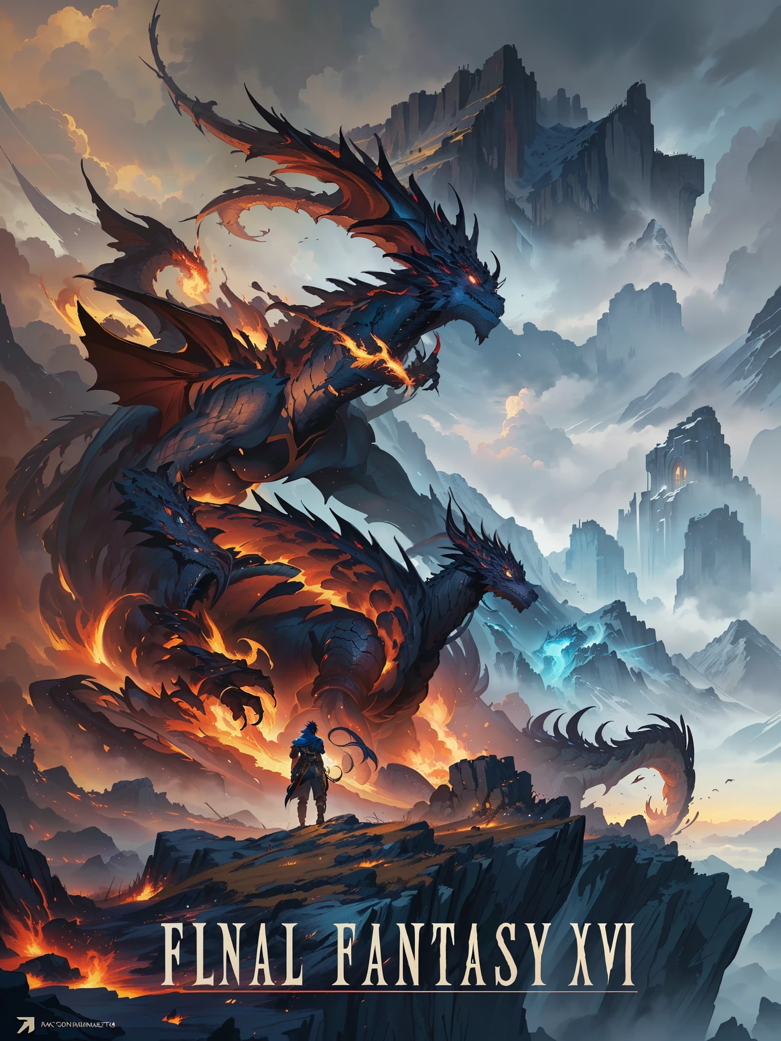 arafed image of a man standing on a cliff with a giant demon in the background, epic fantasy digital art style, epic fantasy artwork, epic fantasy digital art, anime epic artwork, epic fantasy art style hd, guildwar artwork, 4k fantasy art, epic fantasy game art, epic fantasy illustration, fantasy epic digital art, dark souls art, epic fantasy art. (absurdos, Altas Resoluciones, Ultra detallado, HDR), Obra maestra, La mejor calidad, final fantasy vii, 1hombre solamente, guapo, pelo largo, cabello negro, Ojos rojos vibrantes, ojos finos y cara detalladas, Armadura nordica, snowy mountains, frio, tonos azules, helado, hielo, ((Arma intrincada)), capa roja ondeando. ((Dragon a la espalda, dragon volando) Final Fantasy, badass pose, Personaje masculino de anime, Badass Anime 8K, Arte detallado del personaje de anime, Concepto de anime HDR Anime MacManus, Chico anime, Ikuto Yamashita, Anime CG arte suave, Fondo de pantalla de manga 4 k, inspirado por Yamagata Hiro, Wallaper de animea painting of a man with a sword and a red cape, epic anime style, anime epic artwork, epic fantasy digital art style, advanced digital anime art ”, portrait of ninja slayer, hero 2 d fanart artsation, epic fantasy style art, epic fantasy art style, high quality colored sketch, akira from chinese mythology, epic full color illustration