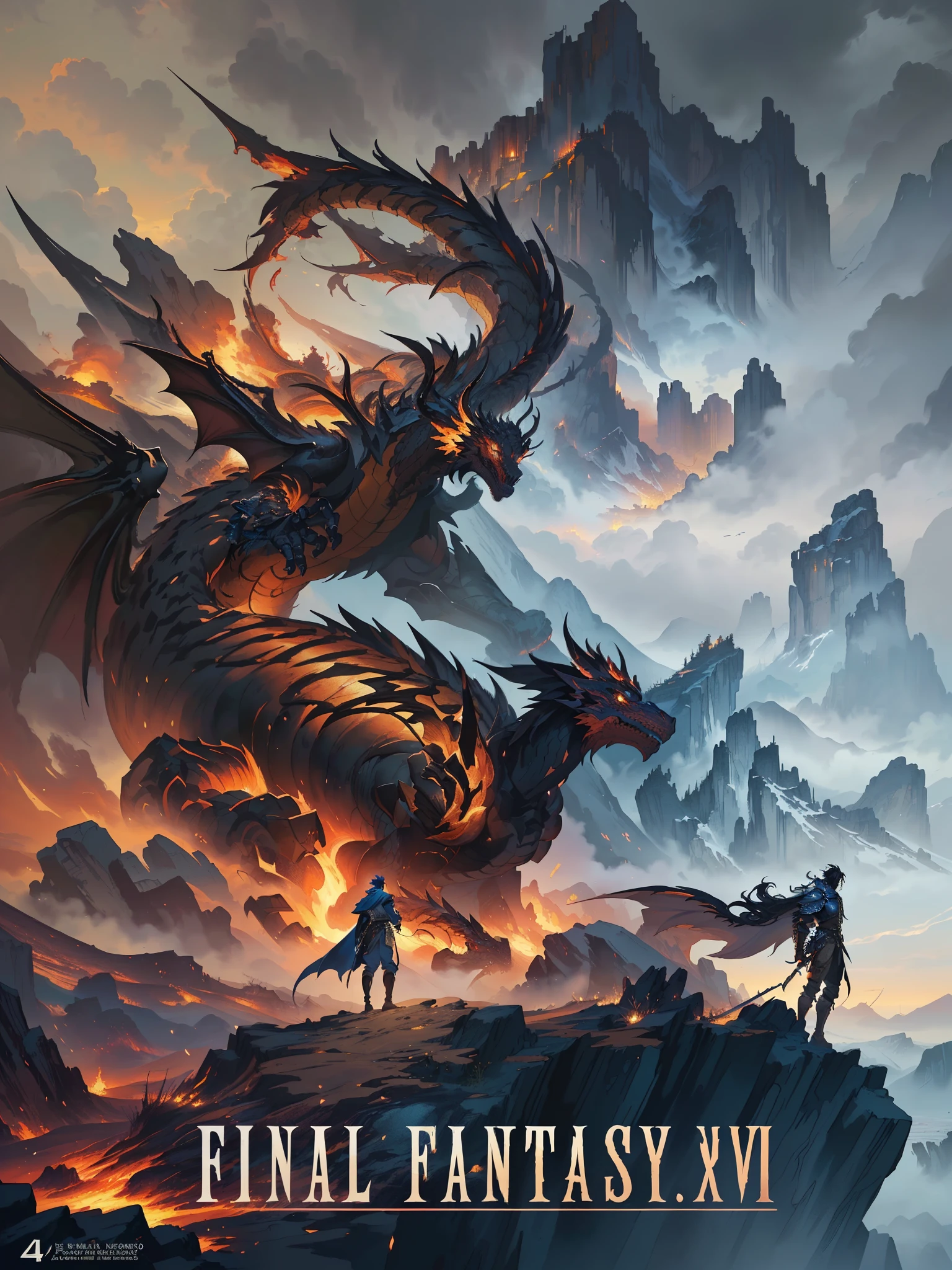 arafed image of a man standing on a cliff with a giant demon in the background, epic fantasy digital art style, epic fantasy artwork, epic fantasy digital art, anime epic artwork, epic fantasy art style hd, guildwar artwork, 4k fantasy art, epic fantasy game art, epic fantasy illustration, fantasy epic digital art, dark souls art, epic fantasy art. (absurdos, Altas Resoluciones, Ultra detallado, HDR), Obra maestra, La mejor calidad, final fantasy vii, 1hombre solamente, guapo, pelo largo, cabello negro, Ojos rojos vibrantes, ojos finos y cara detalladas, Armadura nordica, snowy mountains, frio, tonos azules, helado, hielo, ((Arma intrincada)), capa roja ondeando. ((Dragon a la espalda, dragon volando) Final Fantasy, badass pose, Personaje masculino de anime, Badass Anime 8K, Arte detallado del personaje de anime, Concepto de anime HDR Anime MacManus, Chico anime, Ikuto Yamashita, Anime CG arte suave, Fondo de pantalla de manga 4 k, inspirado por Yamagata Hiro, Wallaper de animea painting of a man with a sword and a red cape, epic anime style, anime epic artwork, epic fantasy digital art style, advanced digital anime art ”, portrait of ninja slayer, hero 2 d fanart artsation, epic fantasy style art, epic fantasy art style, high quality colored sketch, akira from chinese mythology, epic full color illustration