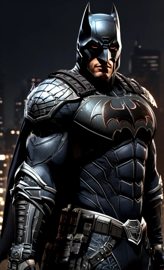 3d render of a highly detailed, very muscular African American Batman. He's wearing cybernetics and intricate detail armor with armored plates, hdr, 8k, subsurface scattering, specular light, highres, octane render, ray traced