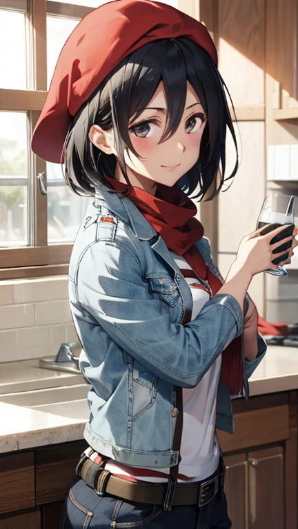 mikasa Ackerman,White T-shirt,Blue jacket,Jeans pants,Red scarf,Blue safari hat holding drinking water,Smiling expression,Blushing,