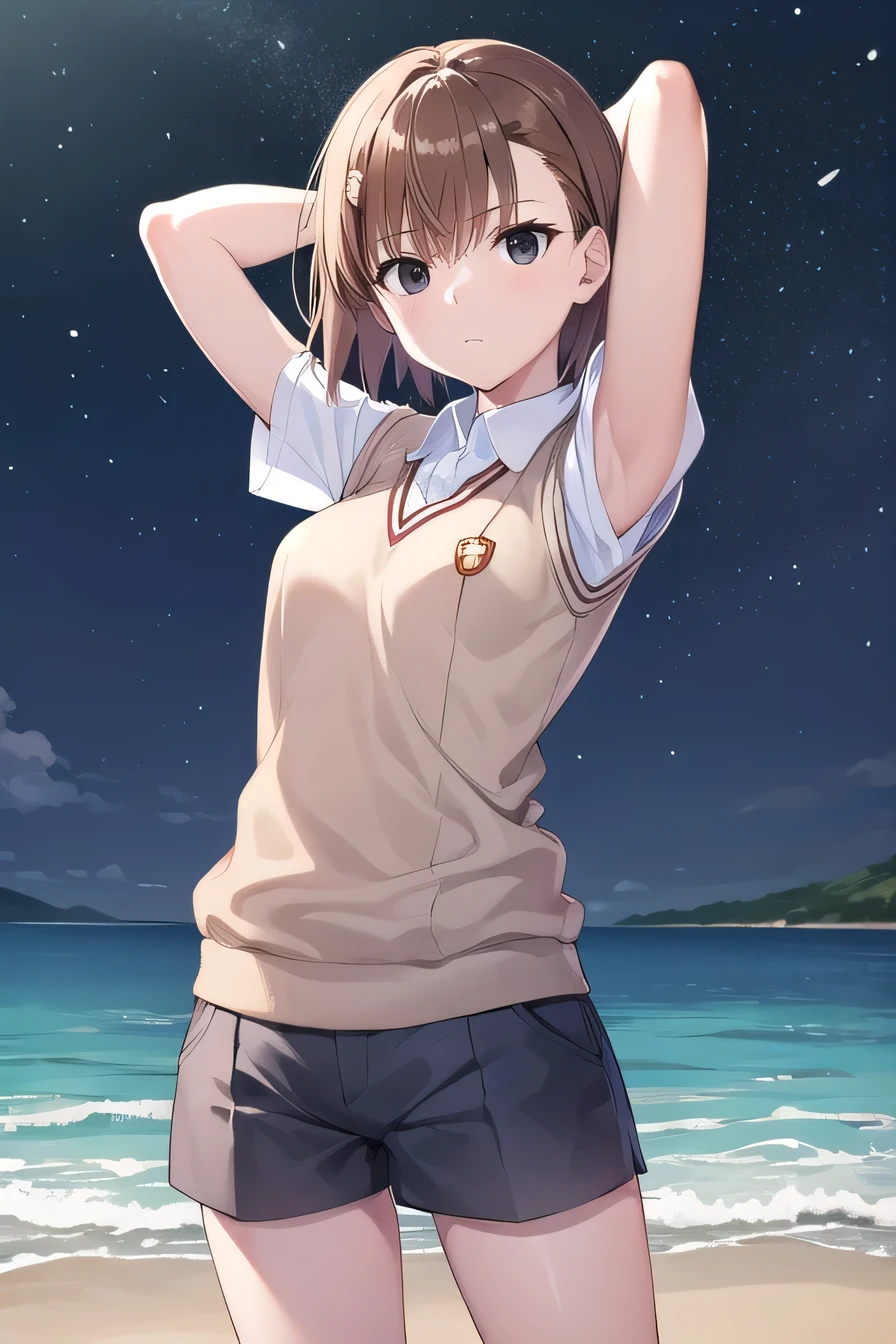 short hair, brown hair, black eyes, empty eyes, sweater vest, shirt, shorts, white shirt, pleated shorts, v-neck, short sleeves, tokiwadai , misaka imouto, solo, night sky, beach, arms behind head, contrapposto, spread armpits, closed mouth, (cowboy shot:1.5), looking at viewer, best quality,