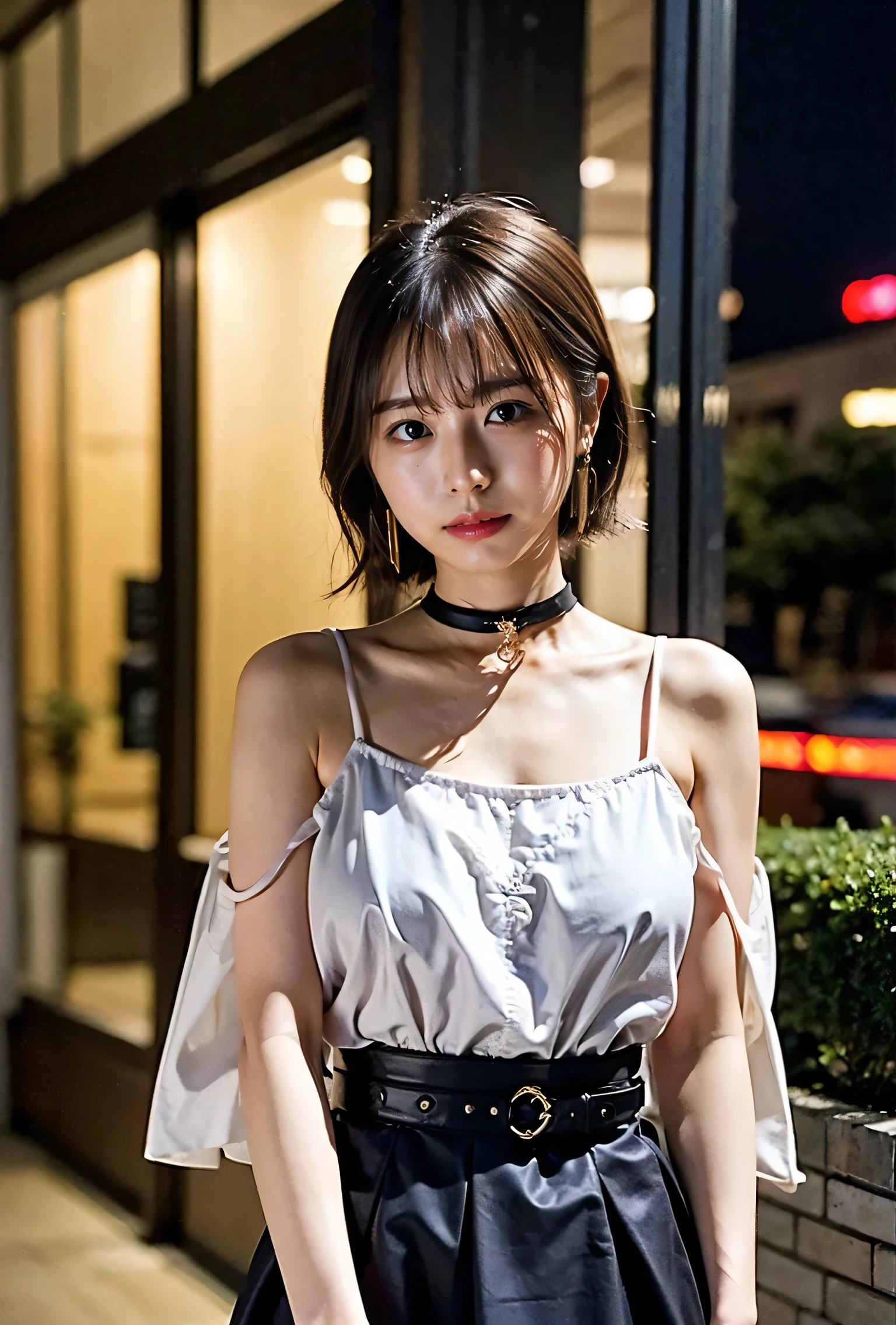 Night cityscape、Outward curling hair、Twisting the skirt with both hands、Tie your hair up、Ginza at night、Colorful illumination、Fluttering Hair、Thin silver choker。((Neon city at night、Light brown hair:1.4))、Checked Skirt、No sleeve、Outdoor Shot、Cute clothes、Tie your hair up、Leather Belt、Her huge breasts are obvious even from her clothes.、Small earrings、Light brown hair color、Tie your hair up:1.4))、Shiny Hair、Background Blur、Braid only the front hair、Light brown hair、{{Cowgirl Shot}}、((Close-up shot from the waist up、Big Breasts:1.4))、Big Breasts、Smile、Silk clothing、Big Breasts that can be seen even through clothes、Braid only the front hair、Cowboy Shot、A luxurious white collared silk shirt and a checked skirt、Elegant attire、Luxury Bags、A lovely smile、((Skimpy clothing))、Full body photo、ring、Short skirt、Tuck your hair behind one ear、Silver Necklace、smile、 Elegant ponytail、Caustics、Highly detailed photos、Lens flare、Very beautiful and ideal medium short hair、Big Breasts、Super no makeup、(8k、RAW Photos、highest quality、masterpiece:1.2)、(Realistic、Realistic)、1 girl、((Big Breasts、Neon city at night、Medium Short Hair、Looking into the camera:1.4))、風にFluttering Hair