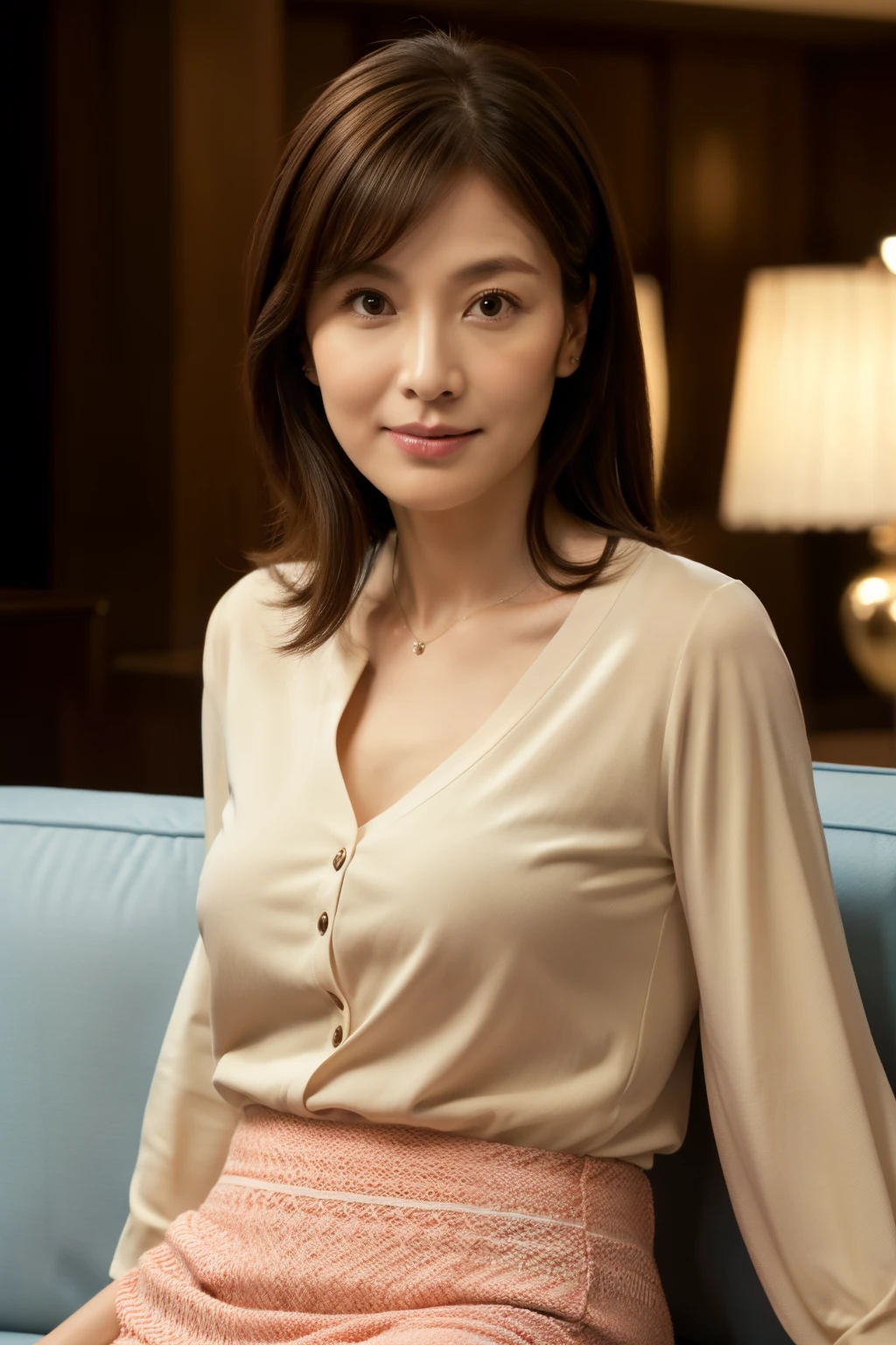 highest quality, masterpiece, High resolution, Realistic, RAW Photos, 8k wallpaper, perfection, Very detailed, look forward to, Contemporary hotel lobby, Sit on a sofa facing forward, One beautiful woman, 40 years old, sexy, Detailed face, Beautiful Eyes, bangs, Shapely breasts, Cleavage, Straight hair, Faint lips, ((Looking at the audience)), Serious face eyes, Light knitted patterned V-neck shirt, skirt