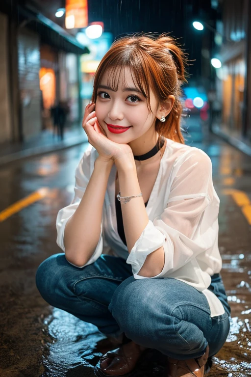 Solo Girl,Very heavy rain,Back alley at night,Soaked Tomboy,Earrings,Chain Accessories,choker,(Soaking wet,Rain dripping from my face,Wet Face,Wet your hair,Moisturized and radiant skin,Soaked costume,),(Shiny silver and orange hair,Short Ponytail),(Princess face composition,Big eyes,Pointed lips,Red lipstick,Cute round face,A smile that makes people happy,blush with embarrassment,blush,),Bold Pose,Digital SLR,(8K quality,Tabletop,highest quality,Ultra-high resolution output images,),Intricate details,(Highly detailed RAW photos:1.3),(Picture Mode Ultra HD),squat