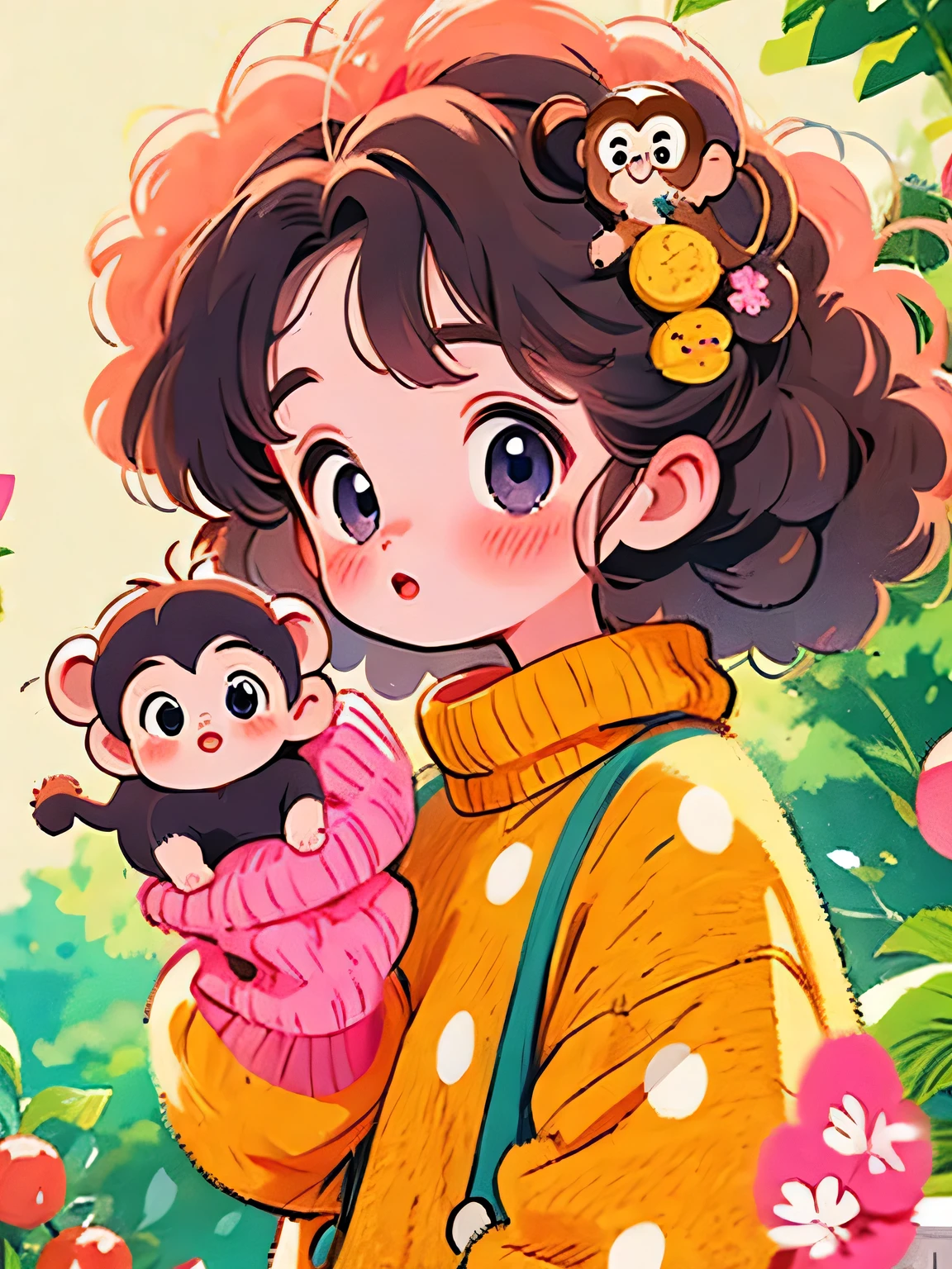 Momoko Sakura style, Kawaii Design, The most beautiful girl of all time、Chibi, monkey, playing、monkey Forest