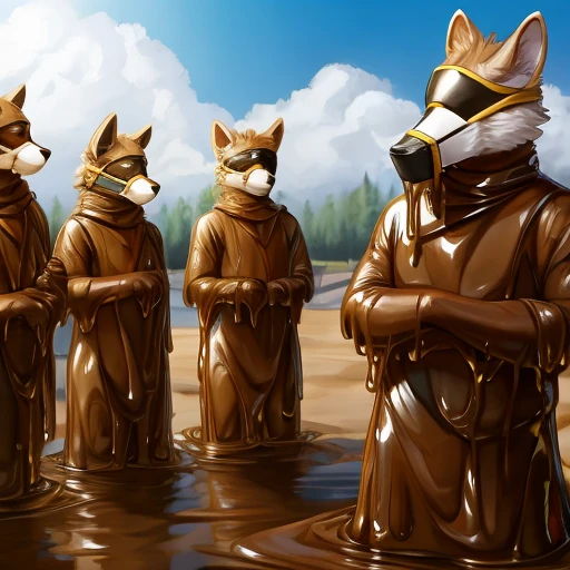 4 furries covered in brown slime, blindfolds