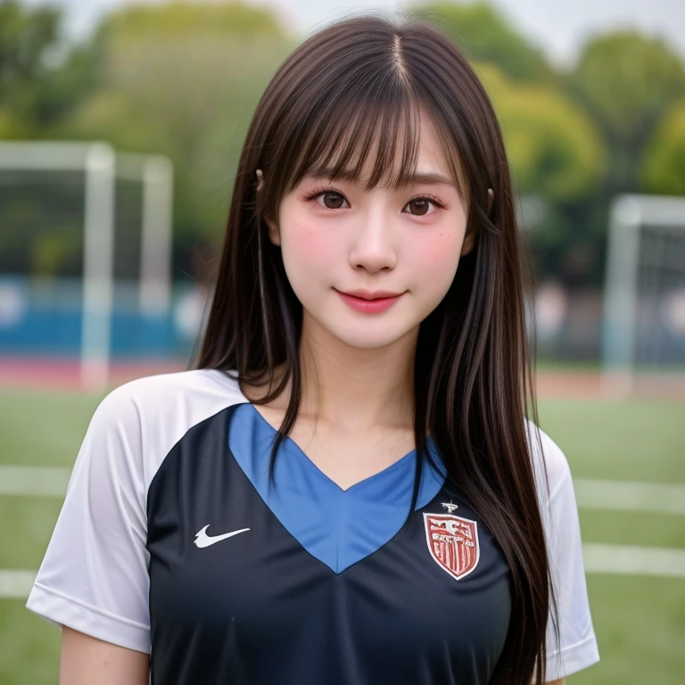 (kawaii 24 year-old Japanese girl, Nogizaka idol, Korean idol, soccer player), healthy female athlete body, (glossy black hair, very short hair, bangs:1.3), beautiful black eyes, rounded face, single eyelid, (no makeup:1.2), (soft smiling:1.2), (soccer uniform:1.3), extra small breasts, BREAK, (park background, summer daytime:1.2), (dynamic angle, bust shot:1.2), BREAK, (masterpiece, best quality, photo realistic, official art:1.4), (UHD, 8K quality wallpaper, high resolution, raw photo, golden ratio:1.3), (shiny skin), professional lighting, physically based rendering, award winning, (highly detailed skin texture, extremely detailed face and eyes textures), Carl Zeiss 85 mm F/1.4, depth of field, (1girl, solo),