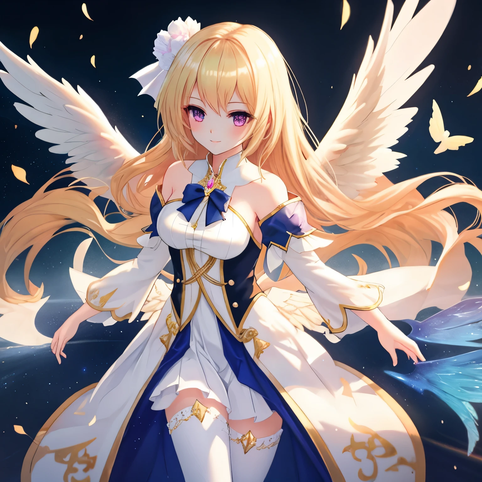 *Theme*: **A girl resembling an angel with blonde hair and beautiful wings with a gradient of blue and green**, BREAK
*Number of Characters*: **1**, BREAK
*Movement*: **Wings spread wide, floating in the air**, BREAK
*Emotion*: **A gentle and kind smile**, BREAK
*Perspective*: **Viewed from a high angle, looking down diagonally**, BREAK
*Composition*: **The girl is centered, surrounded by flowers and particles of light symbolizing prosperity and peace**, BREAK
*Background*: **A bright, shining space like heaven**, BREAK
*Outfit*: **A long white dress with golden decorations**, BREAK
*Body Type*: **Slender and graceful**, BREAK
*Wings*: **Large, pure white wings with a mystical light gradient of blue and green**, BREAK
*Hair Style and Color*: **Long flowing blonde hair**, BREAK
*Light and Shadow*: **Soft light illuminates the girl, with a mystical light gradient on her wings**, BREAK
*Accessories*: **A golden trophy symbolizing peace and prosperity**, BREAK
*Other*: **Aura of an angel who blesses and protects love fortune**, BREAK
*Style*: **Anime goddess, enchanting anime girl, beautiful and attractive anime woman, detailed details. Frontline girl, top-rated on pixiv, Key art feminine by Kushaalt Krents, Azur Lane style, Anime Barbie with white stockings, from Azur Lane video game**, BREAK
*Power Words*: **Artistic, genius, perfect, ultimate, strongest**, BREAK
*Image Quality*: **Highest quality, realistic, hyper-real, ultra-detailed illustration**, BREAK
*Quality*: **Ultra-quality detailed art**, BREAK
*Resolution*: **High resolution (HD, 4K, 8K, 16K), color bit depth of 24 bits, 48 bits**, BREAK
*Colors*: **Gold, blue, green, light blue, yellow, silver, deep red, pink, wine red, dark brown, light purple**
