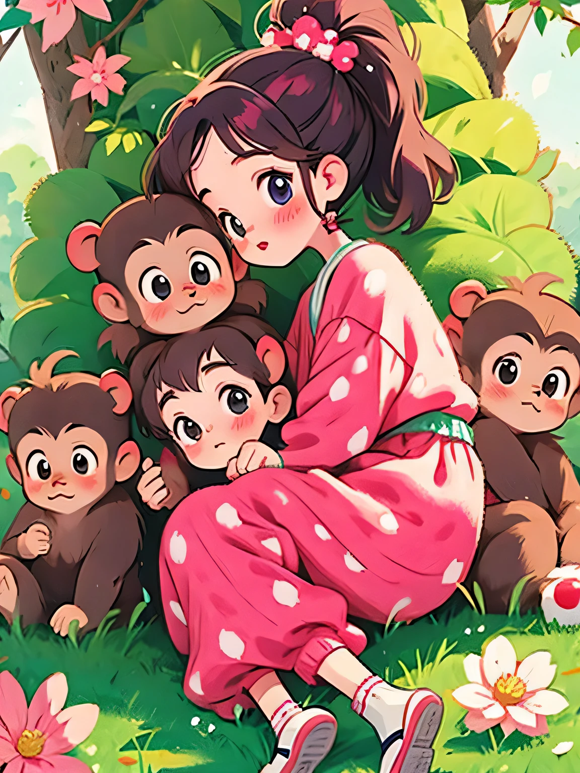 Momoko Sakura style, Kawaii Design, The most beautiful girl of all time、Chibi, monkey, afternoon nap、monkey Forest