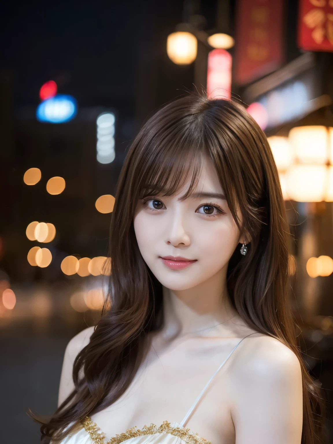 Masterpiece, 1 beautiful girl, Fine eyes, Puffy eyes, Top quality, Super A high resolution, (Realistic: 1.4), Cinema lighting, Japanese, Asian beauty, Super beautiful, Beautiful skin, Thin , (surrealistic), (high resolution), (8k), (high resolution), (beautiful and detailed eyes), (highly detailed), (wallpaper), detailed face, bright lighting, professional lighting, art (The costume is a silk dress in a variety of colors), long hair, messy hair, asymmetrical bangs, night view, brown hair, Japanese idols, Korean idols, idol poses, 28 years old, tall, smile, Flower park background in the afternoon, ((forward facing position)),