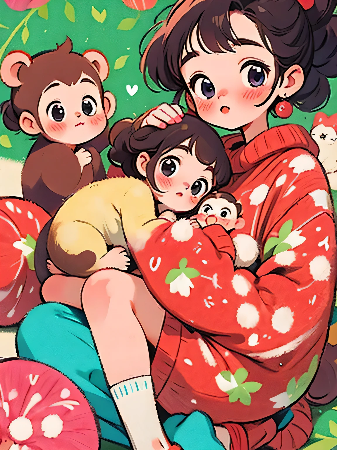 Momoko Sakura style, Kawaii Design, The most beautiful girl of all time、Chibi, monkey, afternoon nap、monkey Forest