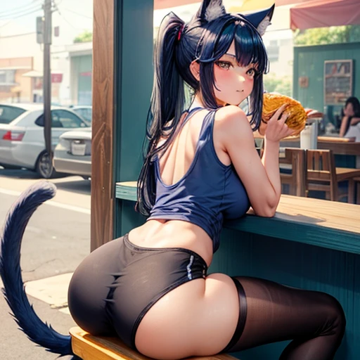 A woman with dark blue hair wearing a tank top and leggings is eating a tlayuda at a taco stand.　　　　With side slits　Big Ass　Spread your legs　　Cat ear　tail　Small breasts