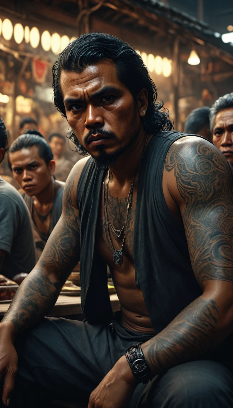 a group of menacing looking Indonesian thugs with tattoos, sitting in the market, terminal, digital UHD (64k) image, cinematic film still dramatic side lighting, dramatic intense stare closeup portrait,  hdr,  shallow depth of field, vignette, highly detailed, high budget Hollywood film, cinemascope, moody, epic, gorgeous
, Highly detailed and clean, Photorealistic and cinematic masterpiece, professional photography, realistic, realism, 200k , Raytracing and light effect, digital, perfect composition, beautiful detailed intricate insanely detailed octane render trending on artstation, 8 k artistic photography, photorealistic concept art, soft natural volumetric cinematic perfect light, award - winning photograph, masterpiece, raphael, caravaggio, greg rutkowski, beeple, beksinski, giger