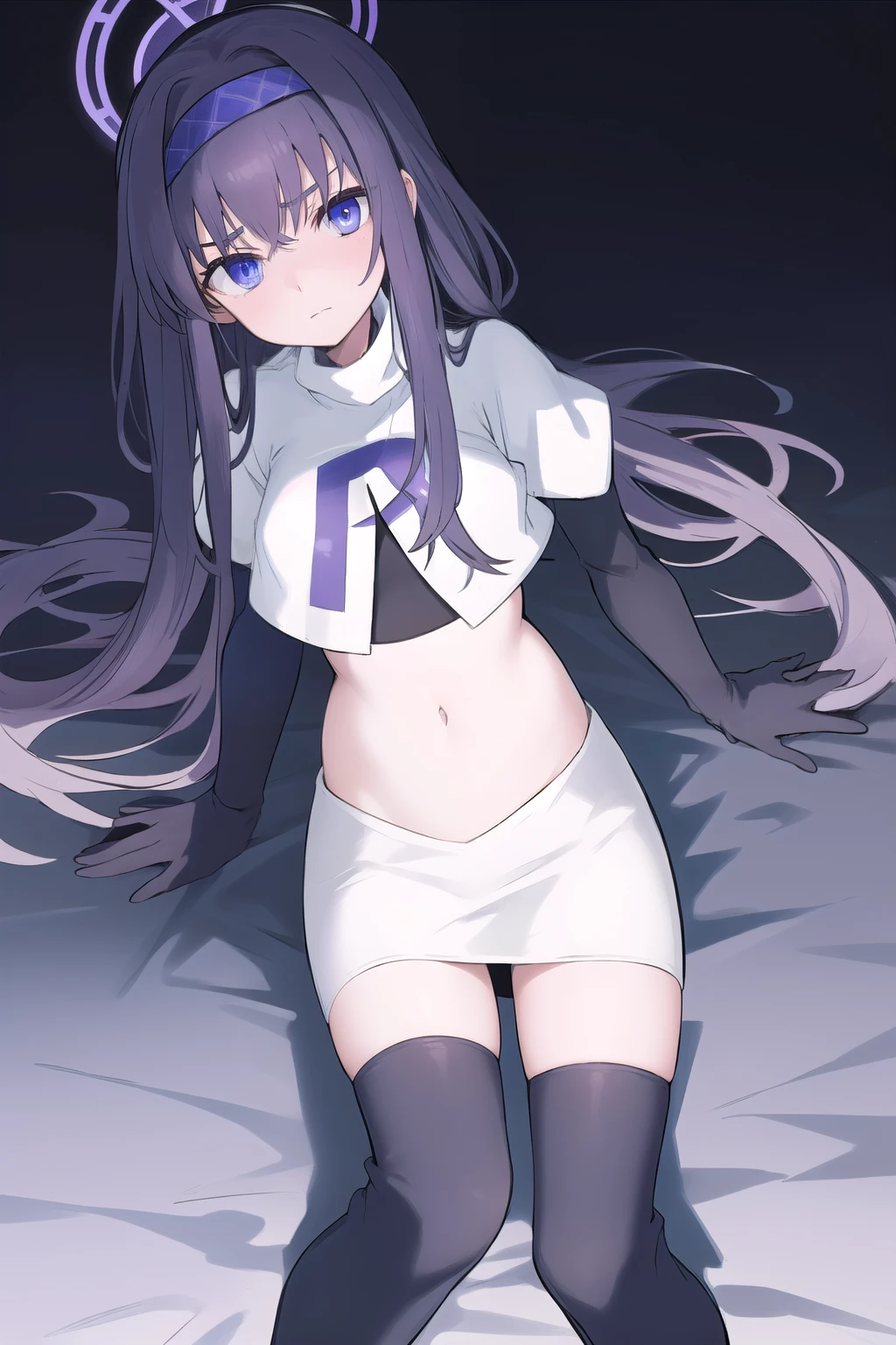 uidef, violet blue eyes,headband,team rocket,team rocket uniform,white skirt,red letter R,crop top,black thigh-highs,black elbow gloves, looking at viewer, moody lighting, facing viewer,expressionless,sanpaku,
