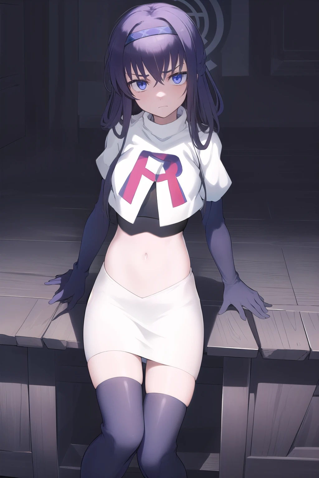 uidef, violet blue eyes,headband,team rocket,team rocket uniform,white skirt,red letter R,crop top,black thigh-highs,black elbow gloves, looking at viewer, moody lighting, facing viewer,expressionless,sanpaku,