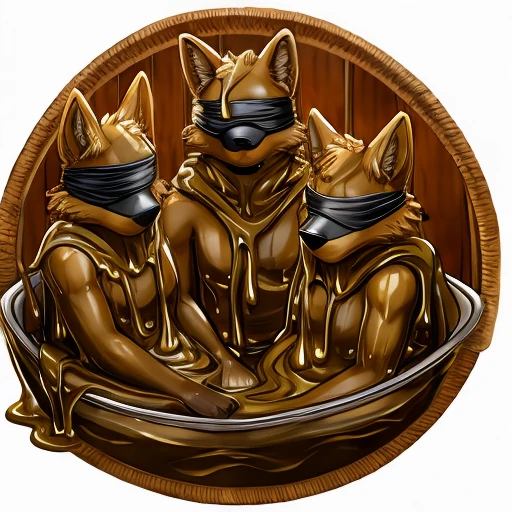 4 furries covered in brown slime, blindfolds
