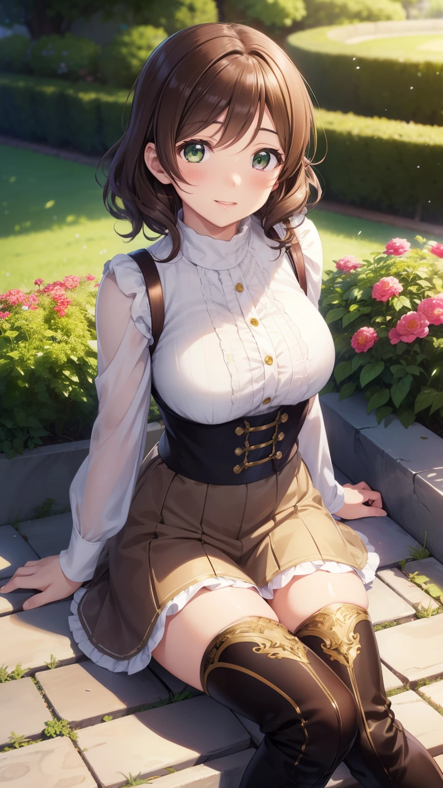 nozomitoujou, nozomi toujou, green eyes, brown hair, short curly hair, masterpiece, best quality, high resolution, beautiful detailed eyes, extremely detailed face, good lighting, detailed CG, messy hair, glossy lips, light smile, garden, thigh boots