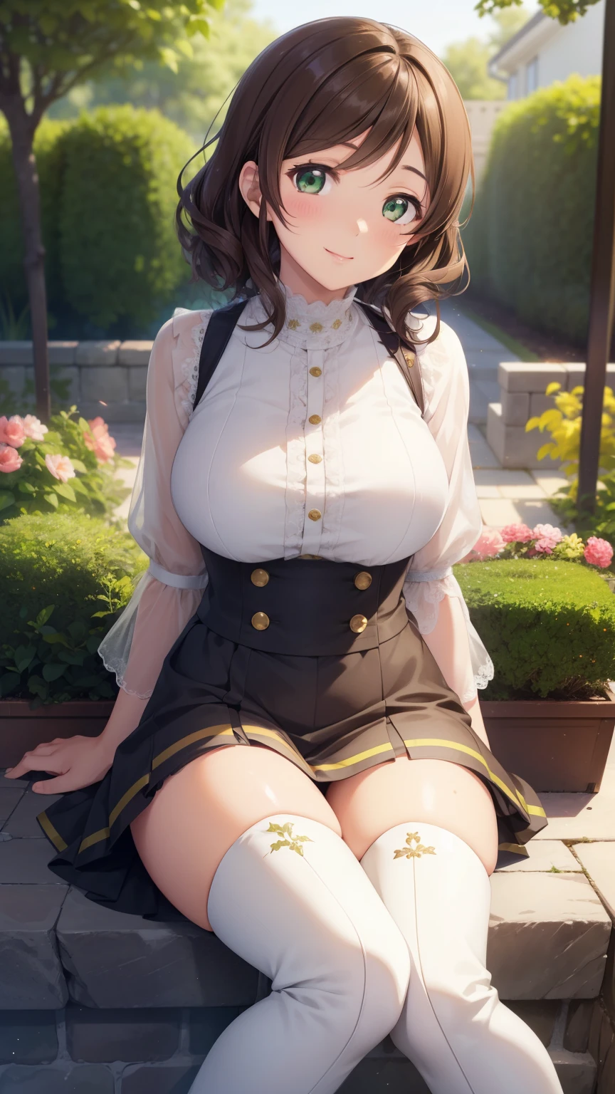 nozomitoujou, nozomi toujou, green eyes, brown hair, short curly hair, masterpiece, best quality, high resolution, beautiful detailed eyes, extremely detailed face, good lighting, detailed CG, messy hair, glossy lips, light smile, garden, thigh boots