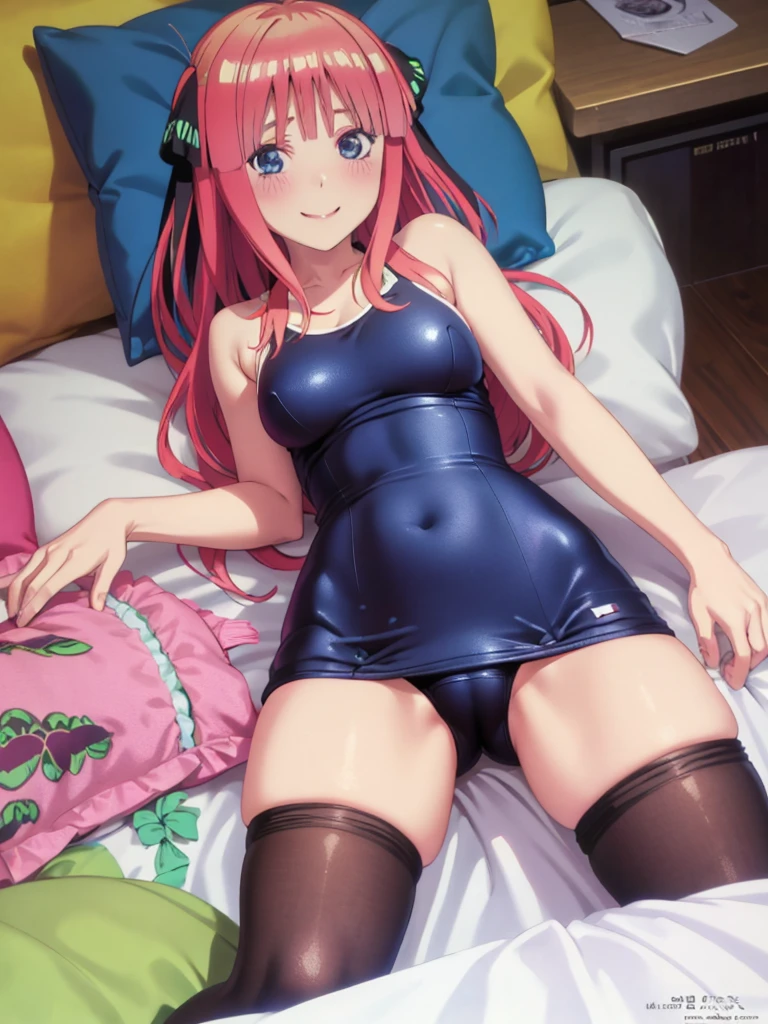 best quality, ultra-detailed masterpiece, nino nakano, one-piece swimsuit, breasts, pantyhose, blush, smile, cushion, bed room