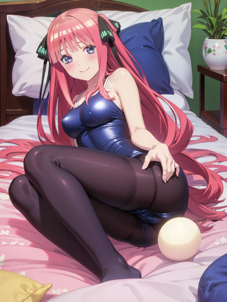 best quality, ultra-detailed masterpiece, nino nakano, one-piece swimsuit, breasts, pantyhose, blush, smile, cushion, bed room