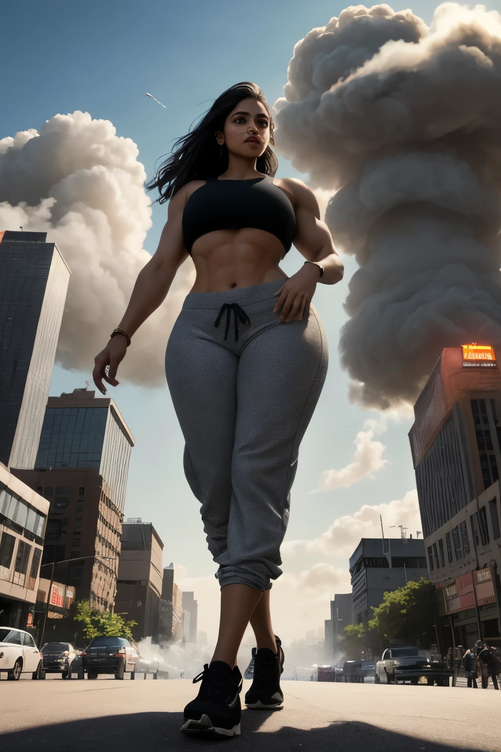 ((masterpiece)), ((best quality)), (detail), "A gorgeous young Indian women in a cool and laid-back hippie style is rocking a crop top and baggy pants hugging her legs tight. Her toned and athletic build hints at her massive strength. She got toned thick thighs and curvy body. She seems to be casually strolling through the bustling cityscape of GTS City, as towering buildings loom overhead. Smoke and clouds roil around her, adding to the sense of epic scale and drama. The perspective is from below, emphasizing the sheer majesty and power of the Giantess."