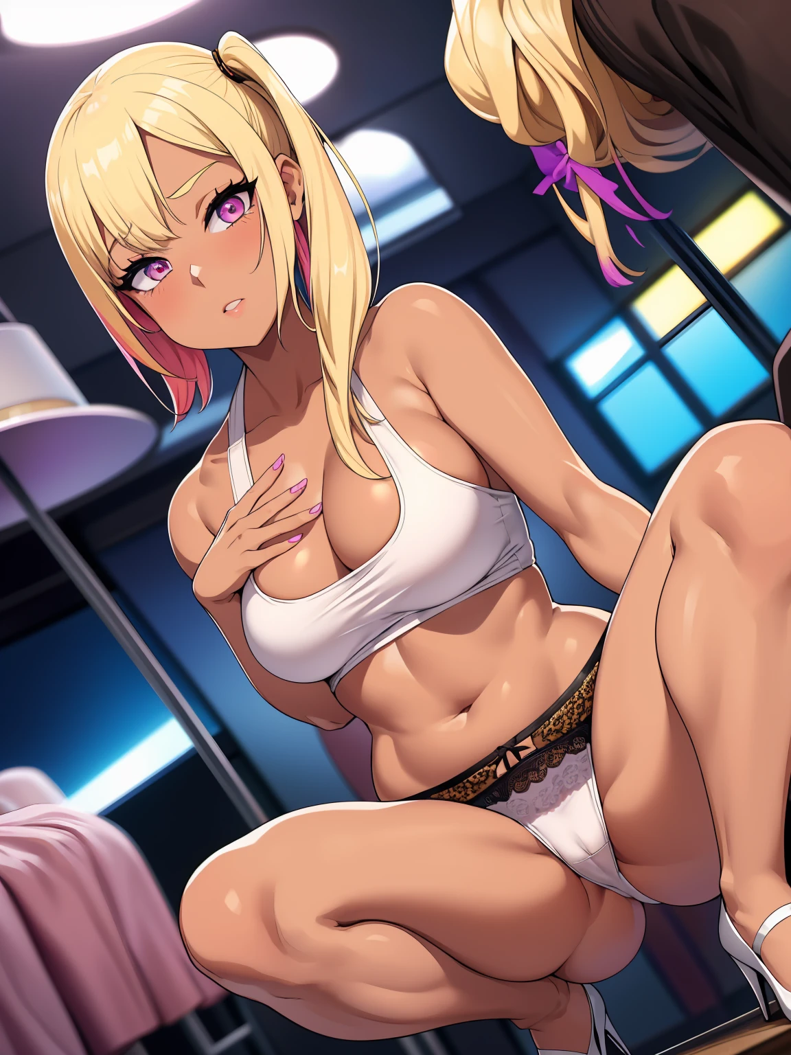 Sex、Gal、Side Ponytail、Colorful manicure、Low - Angle、White lace panties、blonde、Party People、Panties in full view、Gal化粧、Squat with your legs apart、Heavy makeup、mascara、Dark eyeshadow、Brown skin color、push your hips forward、Press one'Push your groin forward、Beautiful woman、Very thick thighs、Unbuttoned shirt、loose socks、Scrunchie、Acme Face、Best image quality、High resolution、masterpiece、super high quality、Squat with your legs apart、Thick pubic hair、Screaming orgasm face、leopard print panties、Leopard print bra、Very big ass、Very large breasts 、Blushing、4K quality、Blushing、Cry of ecstasy、Sweaty all over、Heavy breathing、Cowboy Shot、Cowboy Shot、{highest quality}, {so beautiful}, {Very detailed}, {Best illustrations}, Browsing Caution,
