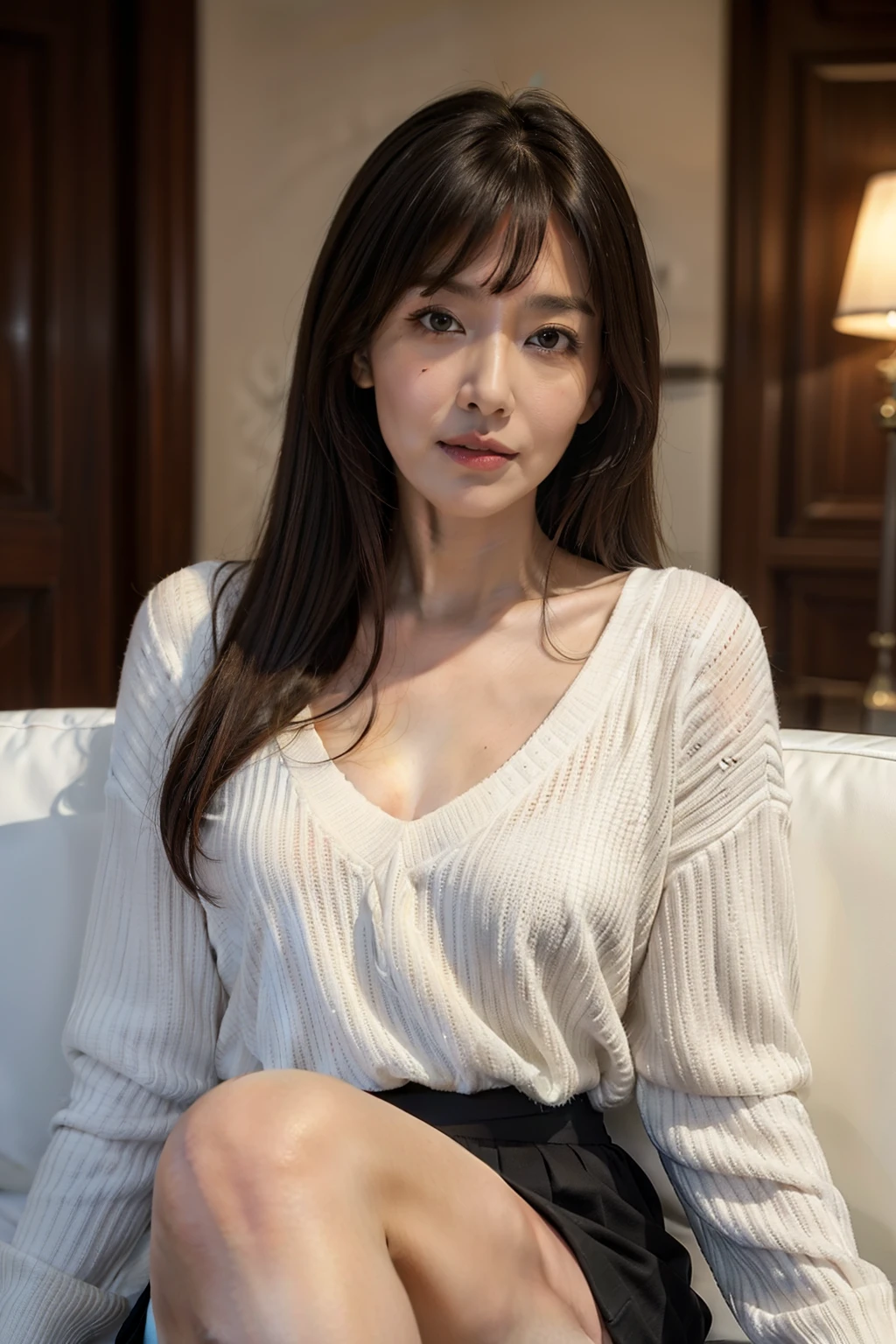 highest quality, masterpiece, High resolution, Photoreal, Raw photo, 8k wallpaper, Flawless, professional lighting, very detailed, Depth of the bounds written, facing forward, hotel lounge, one beautiful woman, 40 years old, sexy, detailed face, beautiful eyes, bangs, good shape big breasts, straight hair, faint lips, look at the viewer, serious face eyes, lightweight v-neck sweater, skirt, cowboy shot