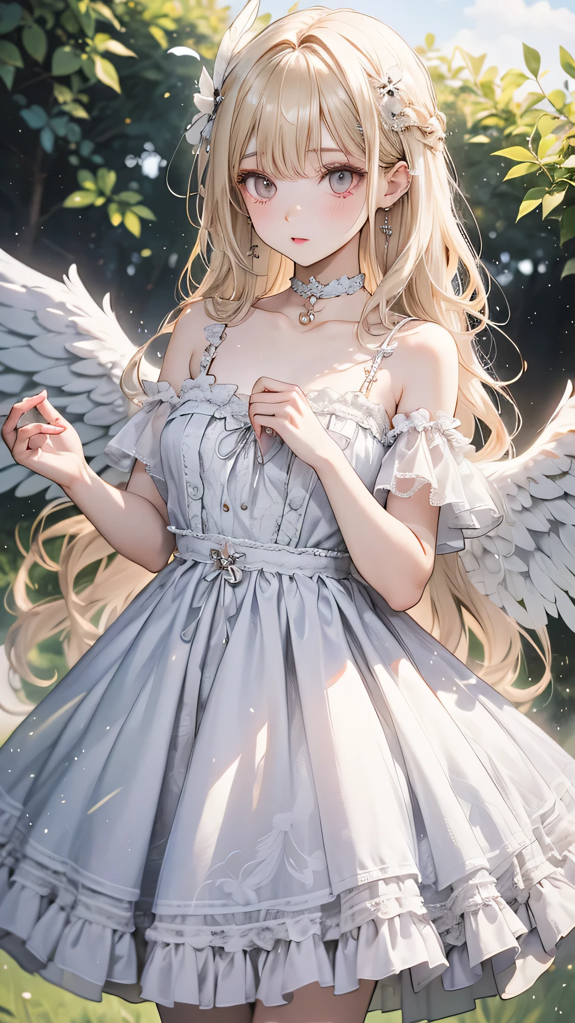 One girl, Medium chest, Blonde Hair, Long Hair, Wavy Hair, Grey Eyes, White Feather Wings, Angel, Outdoor, choker,camisole,flare skirt
