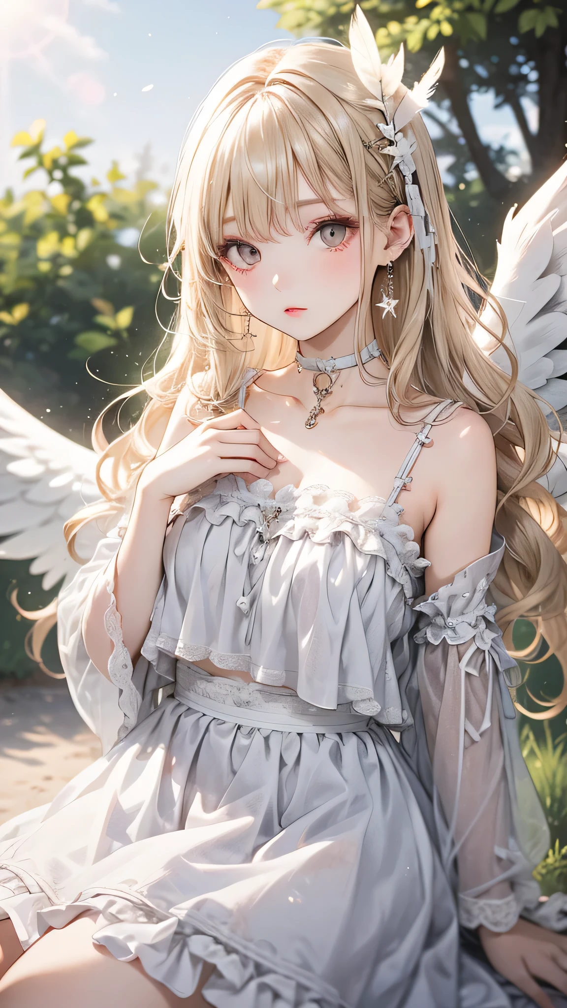 One girl, Medium chest, Blonde Hair, Long Hair, Wavy Hair, Grey Eyes, White Feather Wings, Angel, Outdoor, choker,camisole,flare skirt