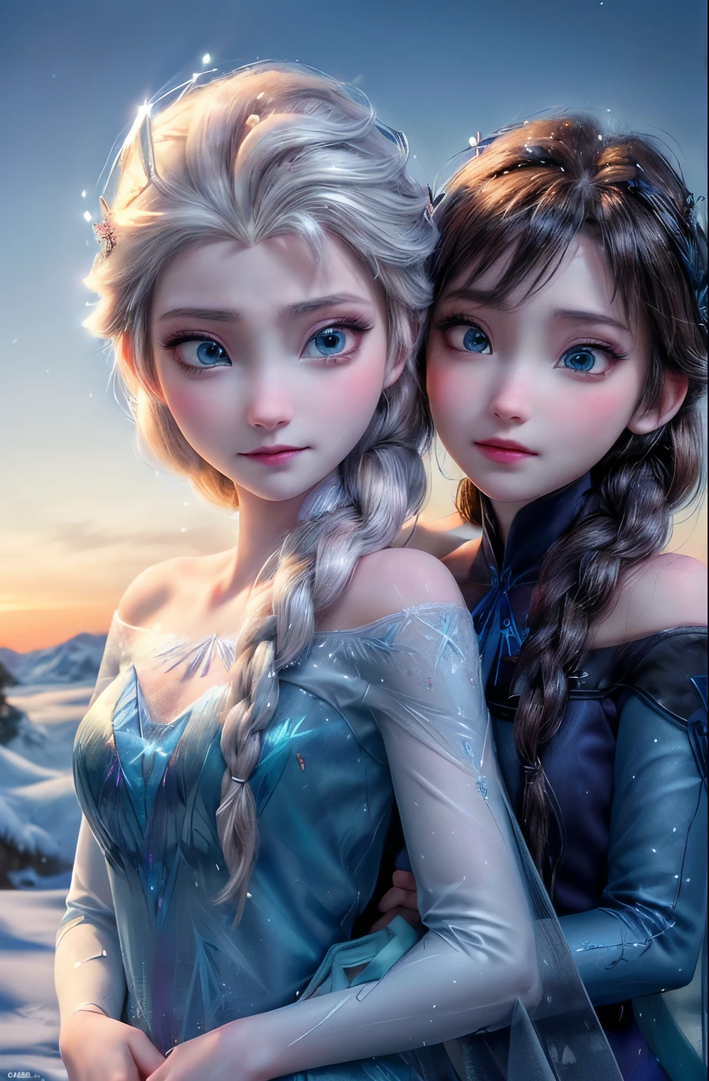 two frozen princesses hugging each other in the snow, Elsa frozen, frozen, Anime movies, Anime movies, frozen ii klaus film, frozen klaus film, Elsa from frozen, Disney Movies, 8k)), Disney Animation Style, beautiful Elsa, frozen ii movie still, Profile photo, epic tale of the twin Sisters, Elsa, animated movie, Sisters，（8K，RAW Photos），（Best Quality），（Masterpiece Loose），（Realistic，）（写実的でRealistic），（High resolution），Hyper Detail，（Gentel Realism：1.1），Beautiful Face， （1 Female：1.1），High resolution), (8k), (Very detailed), (4K), (Pixiv), Perfect Face, Beautiful eyes and face, (highest quality), (Very detailed), Detailed face and eyes, (alone), Textured skin, Absurd, High resolution, (Dynamic Angle:1.3) (Dynamic Pose:1.3)