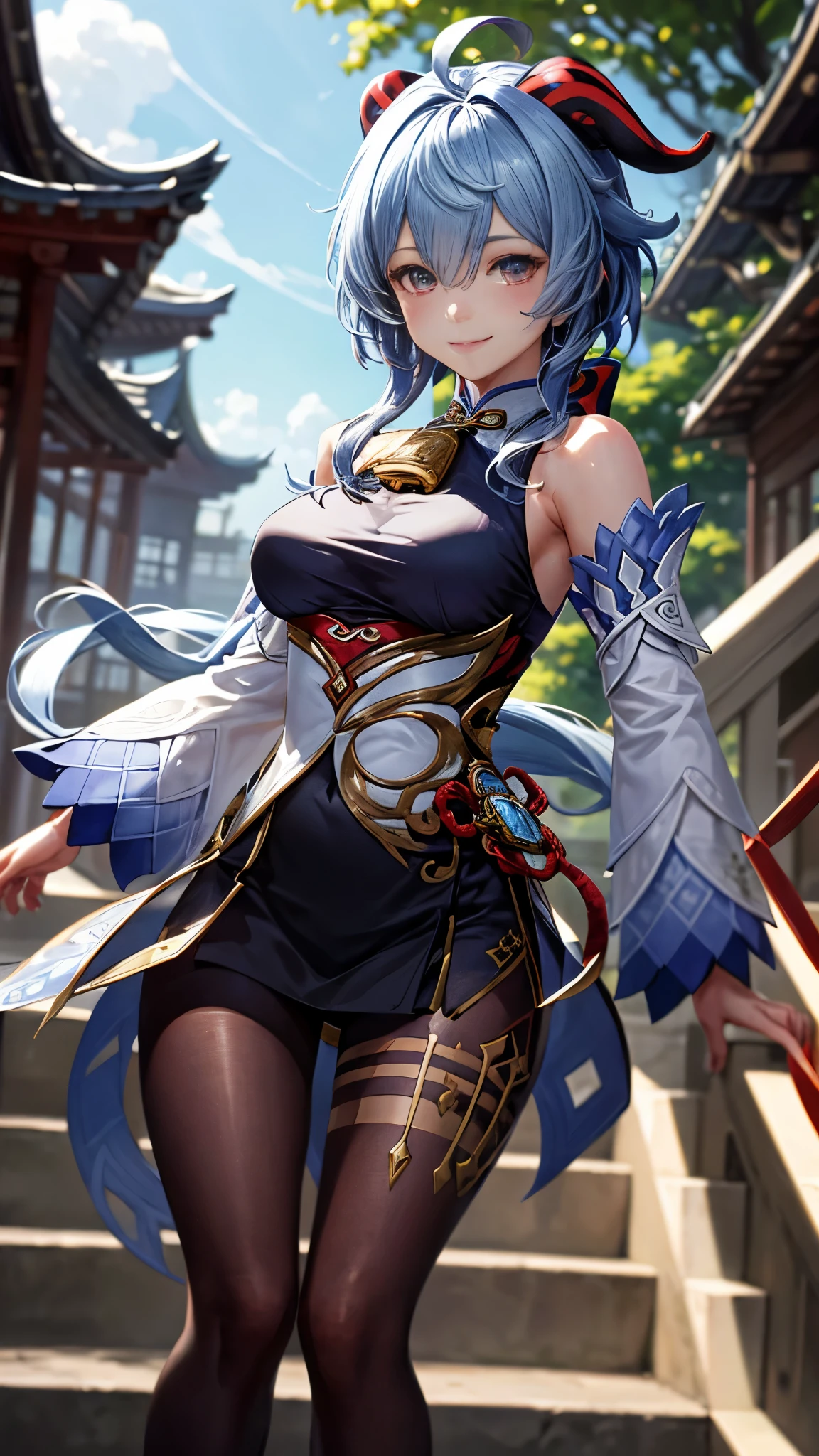 fighting stance, ganyudef, smile, blush, exteriors, In the daytime, simple background, blue-sky, short detailed hair, Sky-sky, temple, looking at viewers, stairways, mont, moody light,high-definition picture quality,Charming, smiling expression, Be red in the face, White cheongsam, Bare legged, middle rounded breast, fashion model posing, (Masterpiece, Best quality:1.4), professional artwork, intricate details, sharp focus, detail painting, photorealistic, trending on pixiv, realistic shadow,
