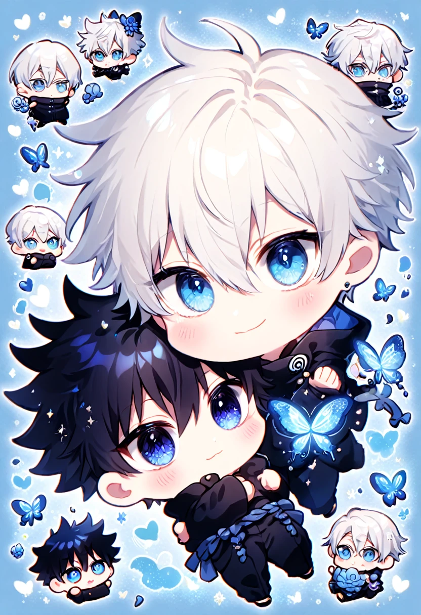 Ultra detailed, HDR, Highres, absurdres, master piece, Gojo Satoru chibi, white hair with bangs, expressive blue eyes, white eyelashes, hair between the eyes, black clothes, Jujutsu Kaisen, Fushiguro Megumi chibi, black hair, blue glittering butterflies, petals, blue sapphire lotus, cute, magical, two men, gay couple, hugging, extremely detailed face and eyes, glittering, fantasy, love, blue sapphire background, perfect face, best quality, happy