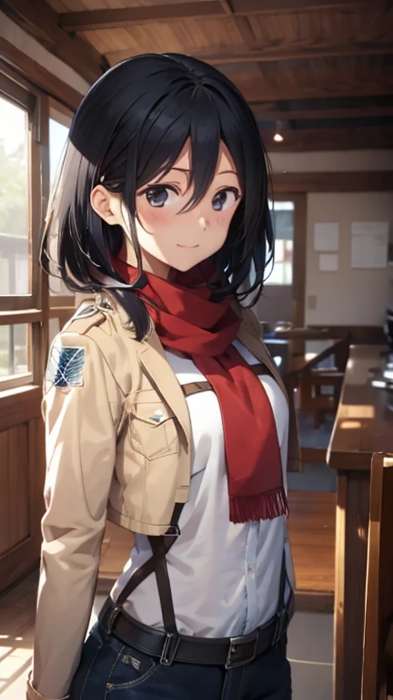 mikasa Ackerman,White T-shirt,Blue jacket,Jeans pants,Red scarf,Blue safari hat,Smiling expression,Blushing,Close ~ eyes,Hide your arms behind your back,