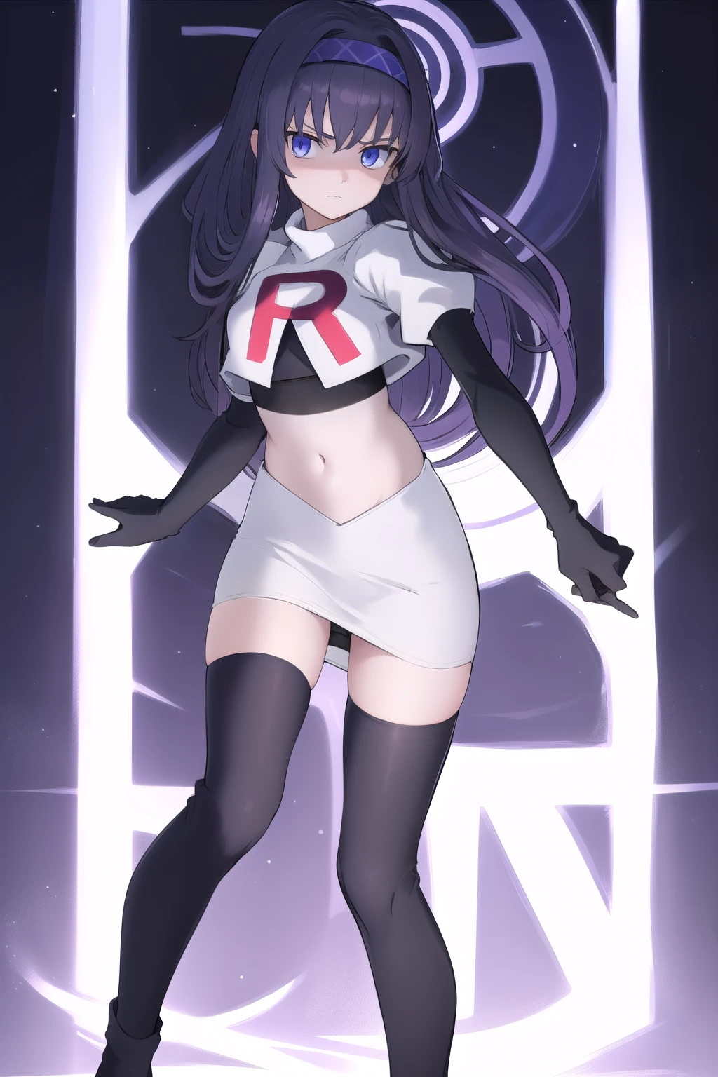 uidef, violet blue eyes,headband,team rocket,team rocket uniform,white skirt,red letter R,crop top,black thigh-highs,black elbow gloves, looking at viewer, moody lighting, facing viewer,expressionless,sanpaku,