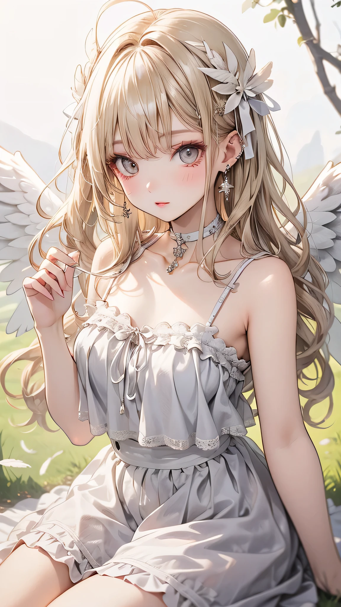 One girl, Medium chest, Blonde Hair, Long Hair, Wavy Hair, Grey Eyes, White Feather Wings, Angel, Outdoor, choker,camisole,flare skirt