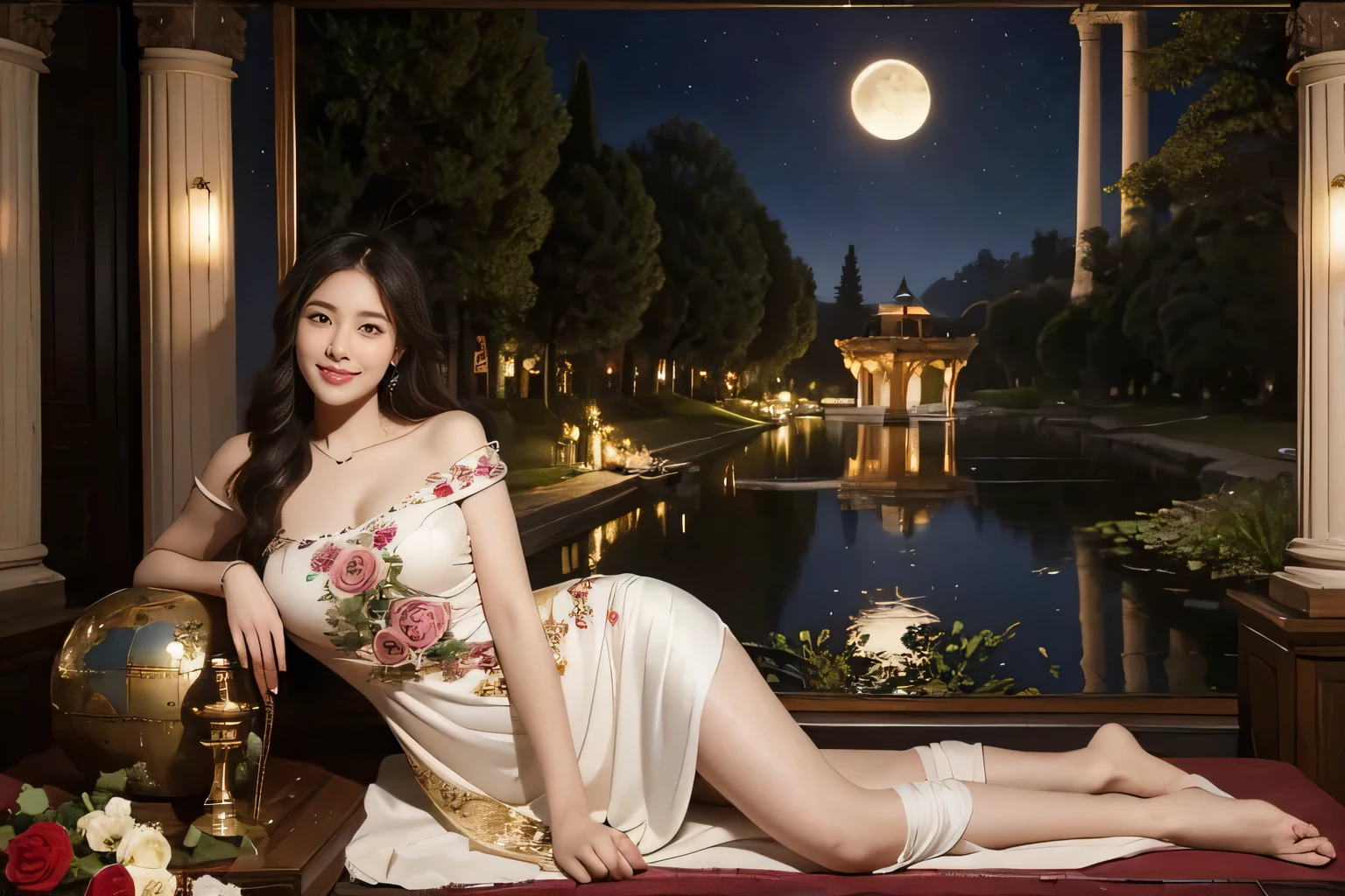 Giorgione painting style,Arguments of two female Philosophe,math、astronomical machine、astronaut、roses in vase、fruits、Cute trinkets、smile、ancient greek costume、Background is a forest lake at night 、Clothes that stretch your shoulders、A big smile、beautiful bare skin、A detailed representation of the seducing woman throughout her body.
