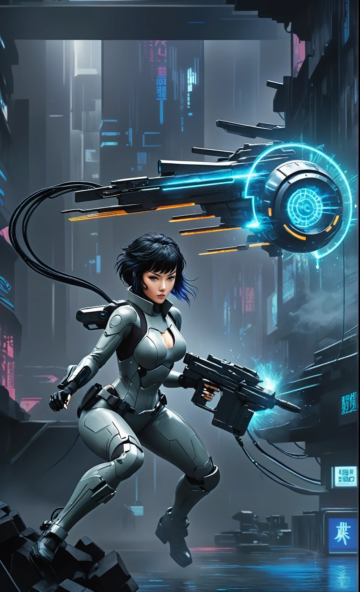 Ghost in the Shell Vol.2, by Luis Duarte, Luis Duarte style, blue and black shading, Neo-Tokyo style, Element Air, Mythpunk, Graphic Interface, Sci-Fic Art, Dark Influence, NijiExpress 3D v3, Kinetic Art, Datanoshing, Oilpainting, Ink v3, Splash style, Abstract Art, Abstract Tech, Cyber Tech Elements, Futuristic, Illustrated v3, Deco Influence, AirBrush style, drawing