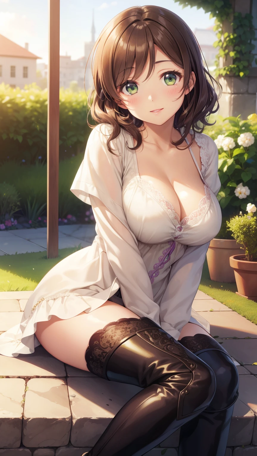 nozomitoujou, nozomi toujou, green eyes, brown hair, short curly hair, masterpiece, best quality, high resolution, beautiful detailed eyes, extremely detailed face, good lighting, detailed CG, messy hair, glossy lips, light smile, garden, thigh boots, cleavage