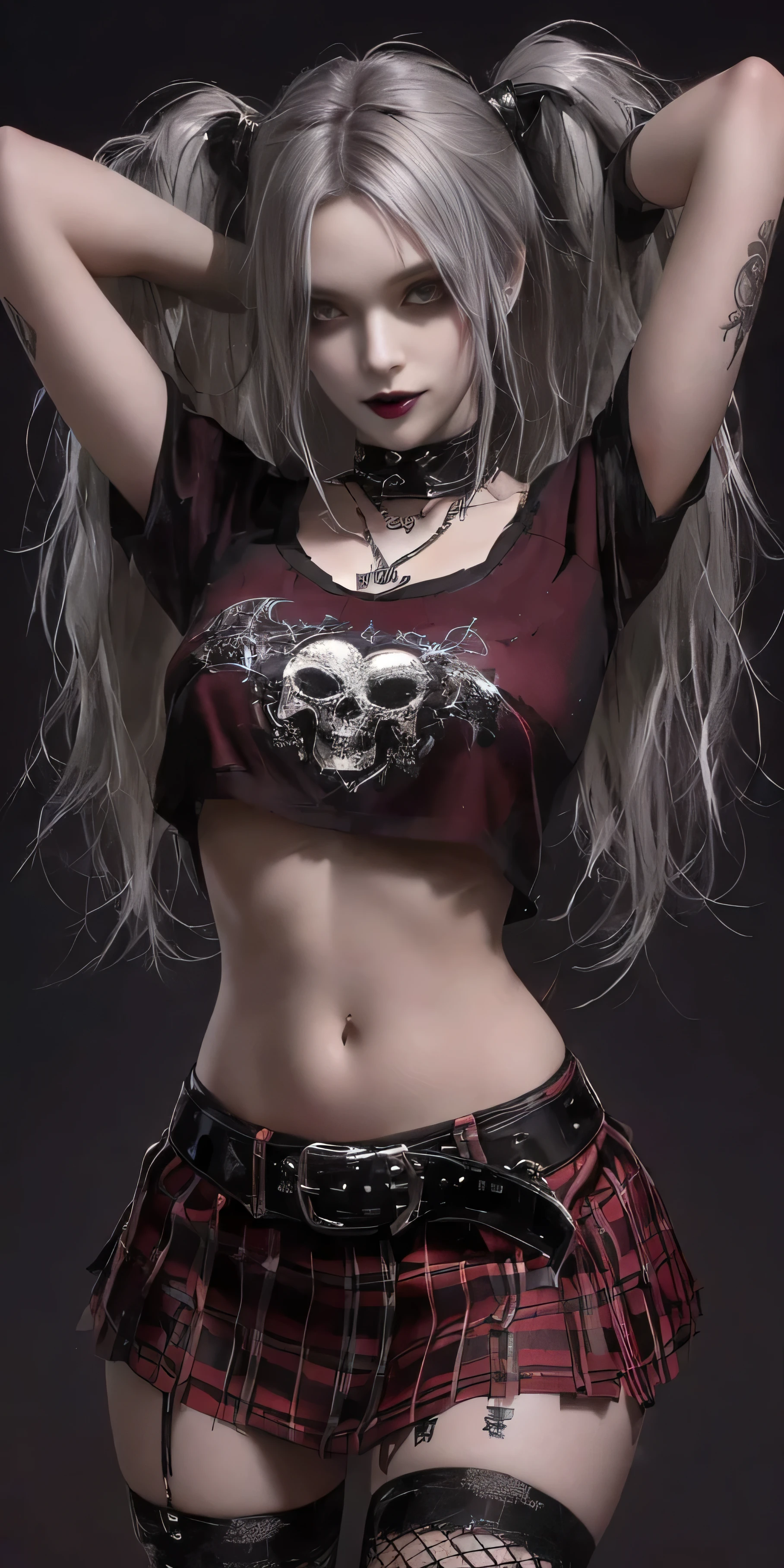 a close up of a woman in a short skirt and a shirt, nice smile, seductive cyberpunk dark fantasy, gothic girl, skulls at her hips, goth girl, gothic fantasy art, heavy metal style, in style of anne stokes, vampire girl, beautiful necromancer girl, gothcore, gothic clothing, very beautiful goth top model, gothic art