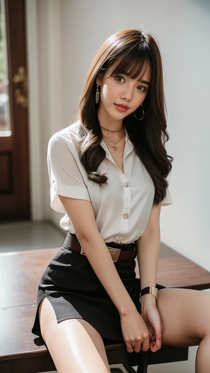 (High resolution 8K, Masterpiece, best quality. Just one complicated detail, chromatic aberration.) As a matter of fact ((chest)) hair in one eye, purple eyes, big round hoop earrings, sharp eyes, Diamond choker, red gemstone necklace. ,(symmetrical eyes),(Perfect symmetrical body),(Photo of a beautiful 21 year old girl),Beautiful and charming illustrations of contemporary fashion through the eyes of the viewer.. ((Behind the scenes of a large classroom)) , (black short skirt), (((He wore a white short-sleeved shirt that was completely unbuttoned.. เปิดเสื้อโชว์chest, no bra), (openly), (Soft chest))), ((black shorts) Pencil skirt with deep slit on the side..) (leather belt, long square belt buckle) ((Put your hands down.)) (golden bob, side bangs, golden hair (There is a thin layer of hair covering the face..)), sharp eyeliner, Blush eyeshadow with thick eyelashes, Very delicate and beautiful, round chin, Sharp focus, luxurious, Open your legs on the study table.. Turn your head with your legs open so they are at eye level.. Open your legs and lift your right leg over your left leg.. Let your legs be at natural eye level., chestของคุณเล็ก, Your legs are slightly apart in a dynamic pose.. University outfit
