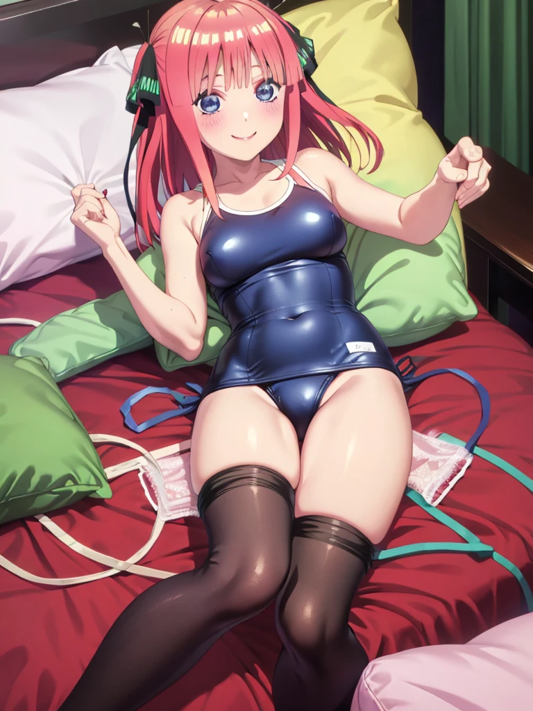 best quality, ultra-detailed masterpiece, nino nakano, one-piece swimsuit, breasts, pantyhose, blush, smile, cushion, bed room