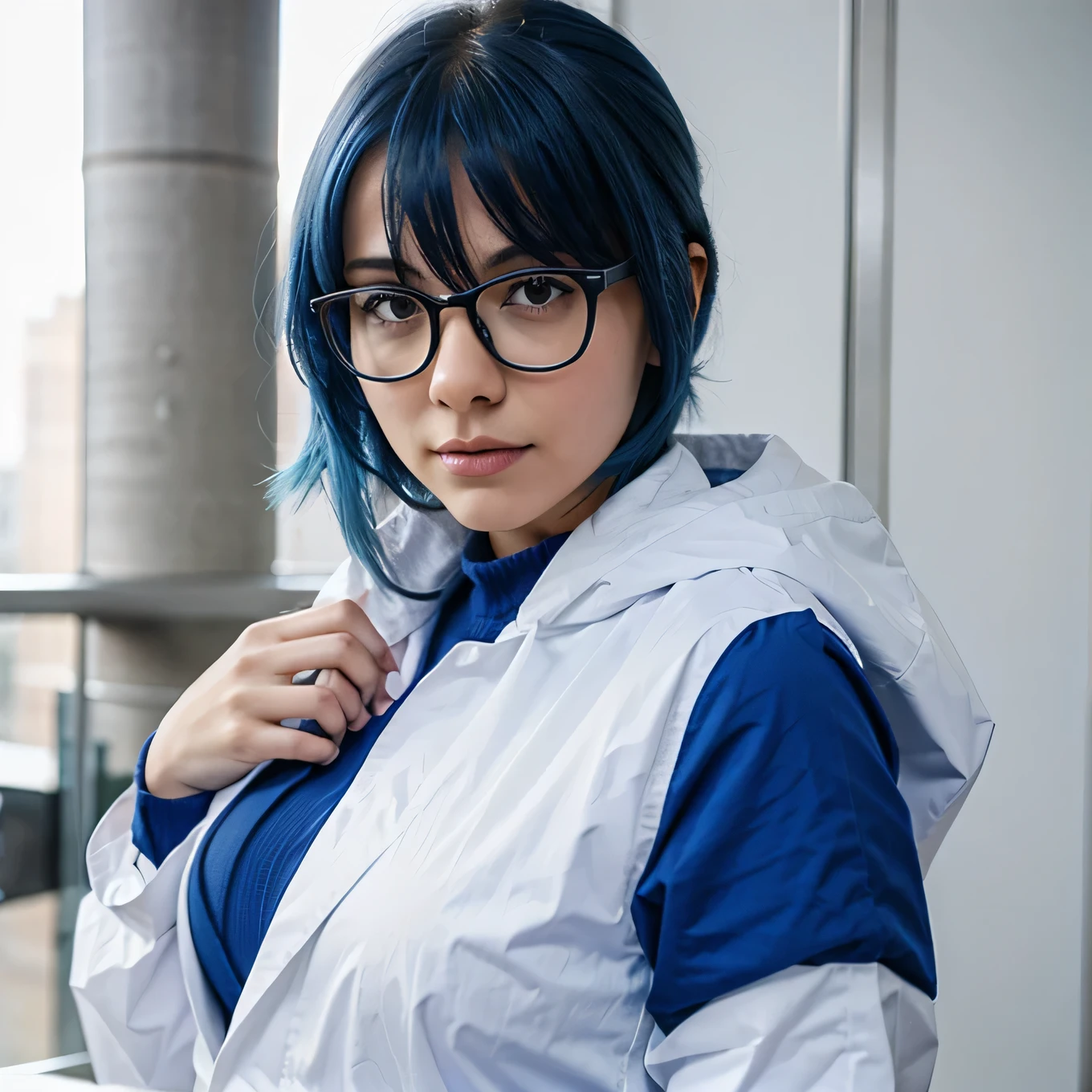 A woman with blue hair, wearing glasses, wearing white scientist clothes, having large breasts, with a cold and flat face, Sexy body,