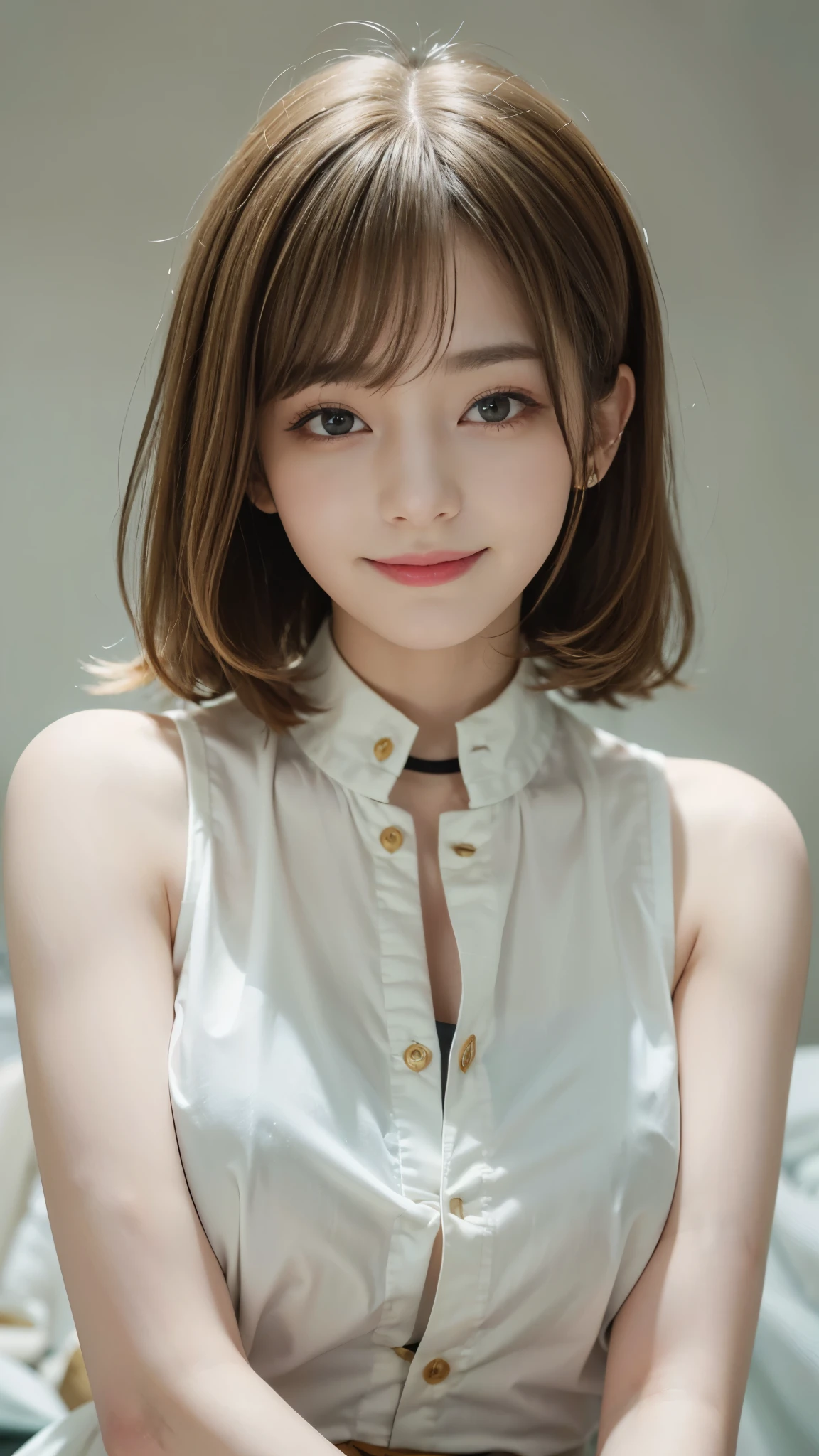 ((highest quality、Masterpiece、High resolution))、(((Zoom photo of upper body)))、(A shy smile:1.2)、One 15-year-old female、Beautiful Skin、Beautiful Eyes、Shoulder shirt、Trimmed bangs、Blonde Hair